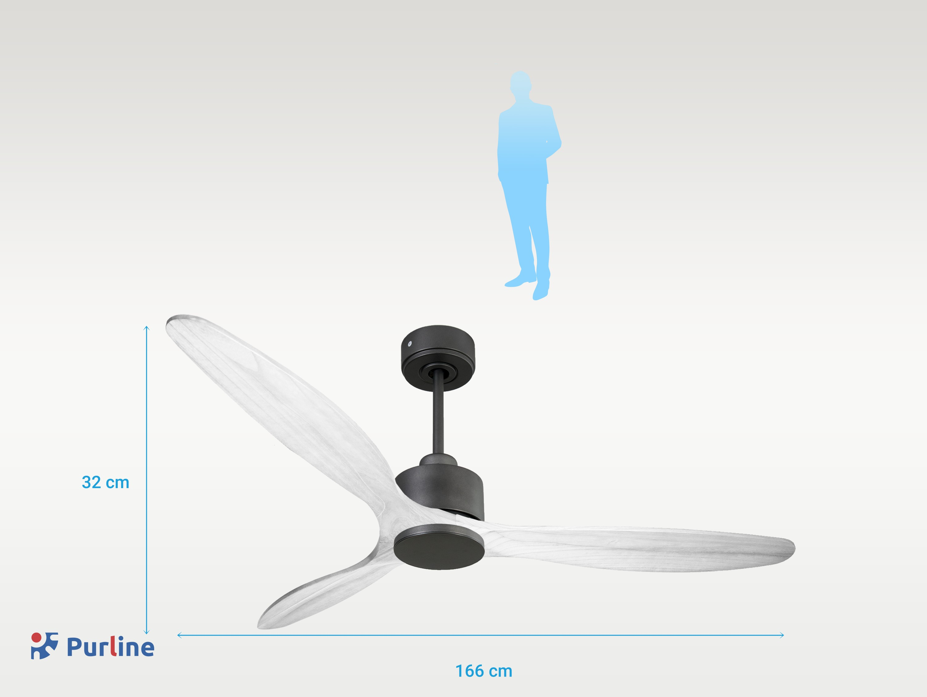 Ventilador de techo con aspas de madera clara y centro negro. Silueta de persona.