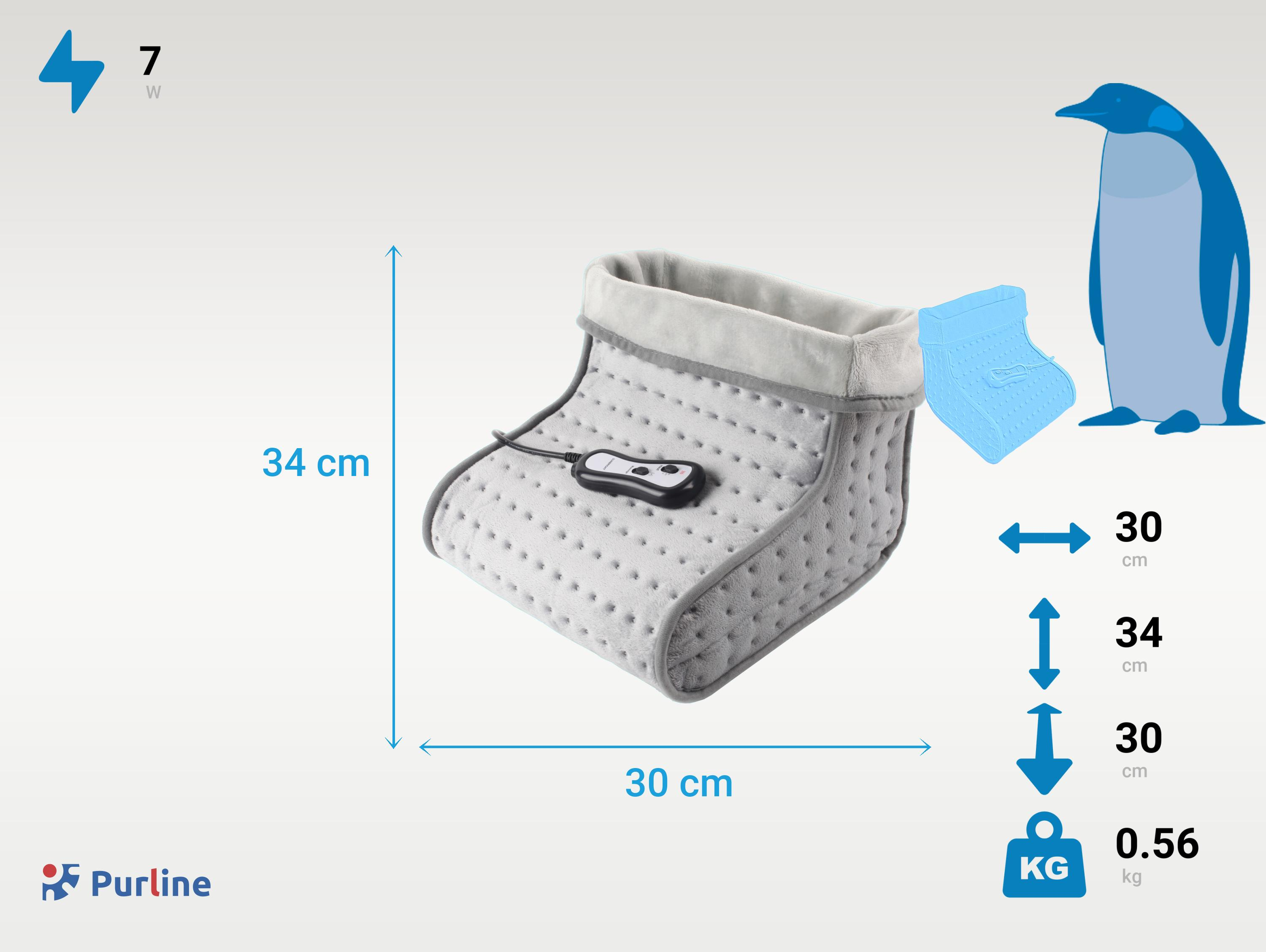 Una almohadilla térmica gris con control, un pingüino e indicadores de tamaño.