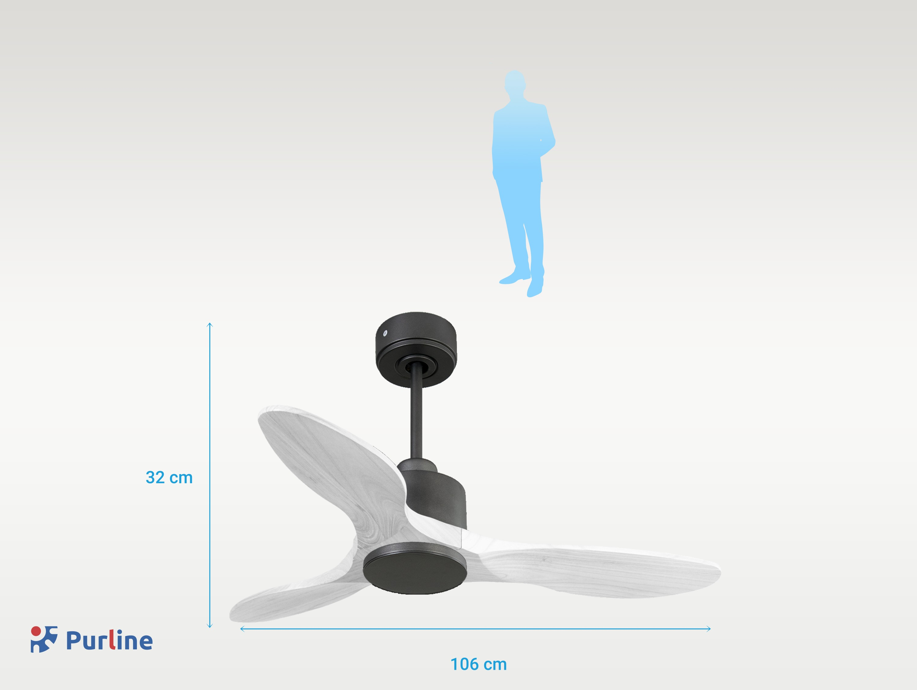 Ventilador de techo con aspas de madera y motor negro. Silueta humana azul arriba.
