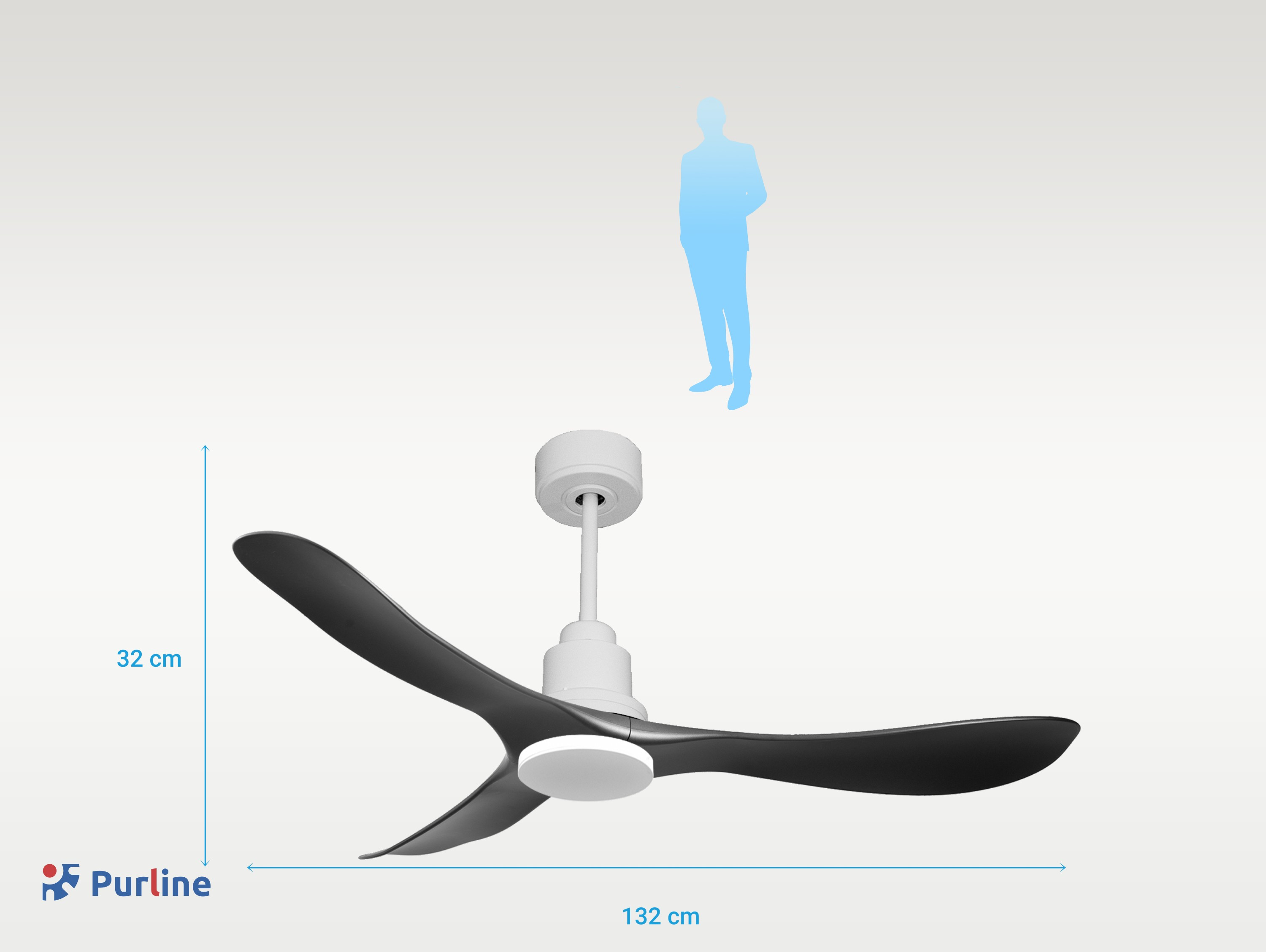Schwarzer Deckenventilator mit drei Blättern. Weißes Motorgehäuse. Mannsilhouette oben.