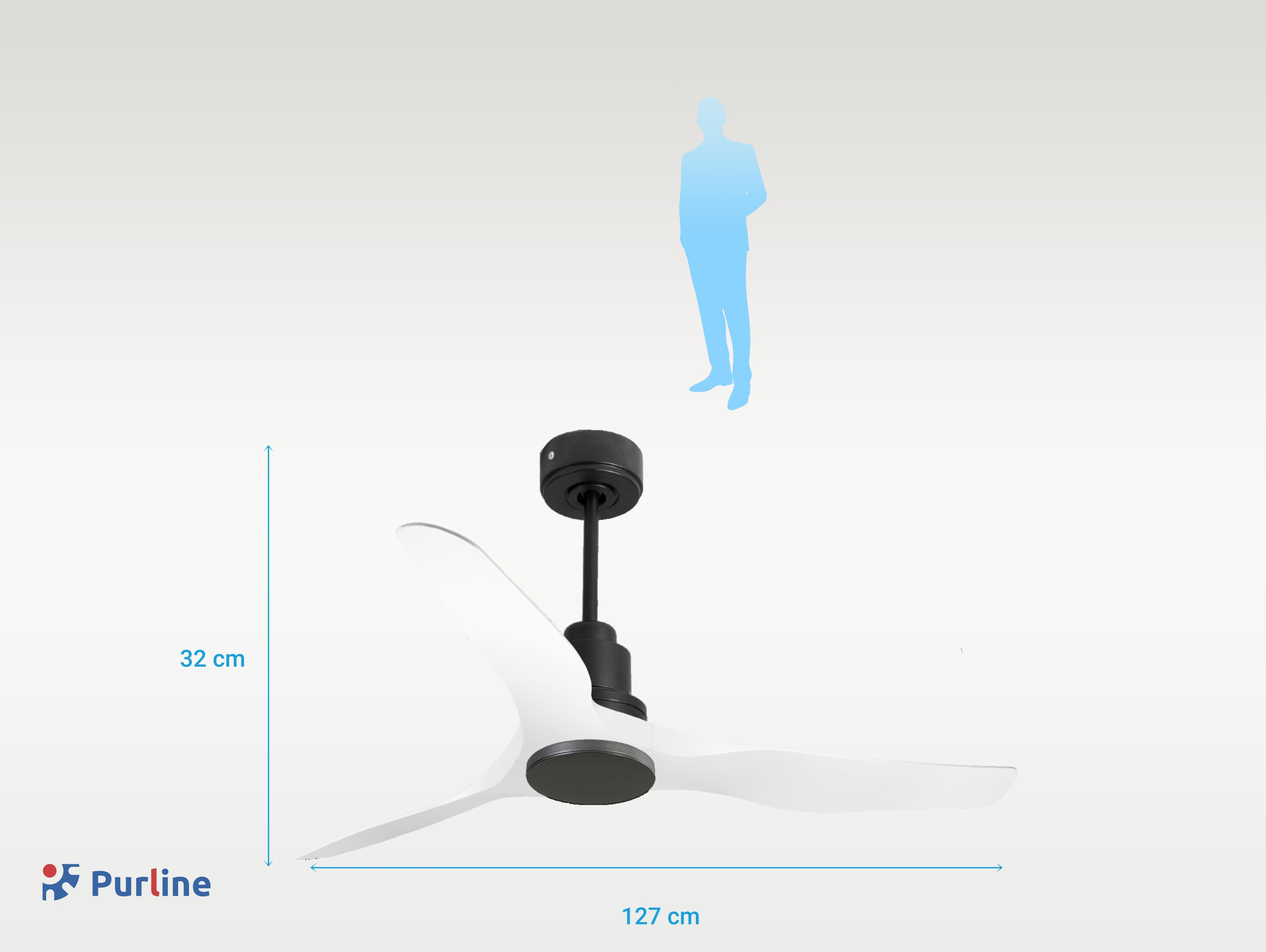 Ventilador de techo blanco y negro con tres aspas. Una silueta de persona está arriba. Se indican las dimensiones.