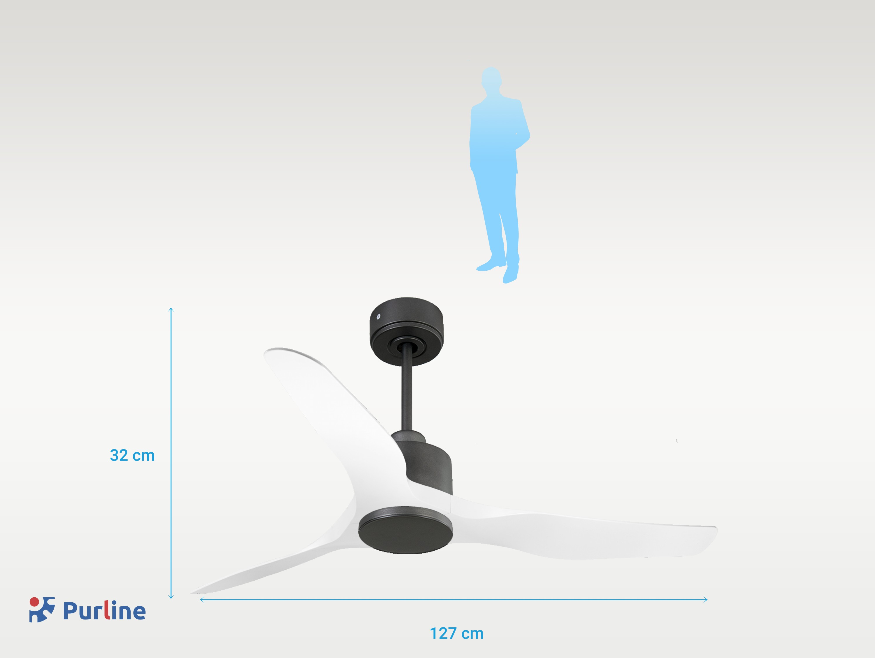 Ventilador de techo negro y blanco con tres aspas. Una silueta de persona está arriba. Se indican las dimensiones.