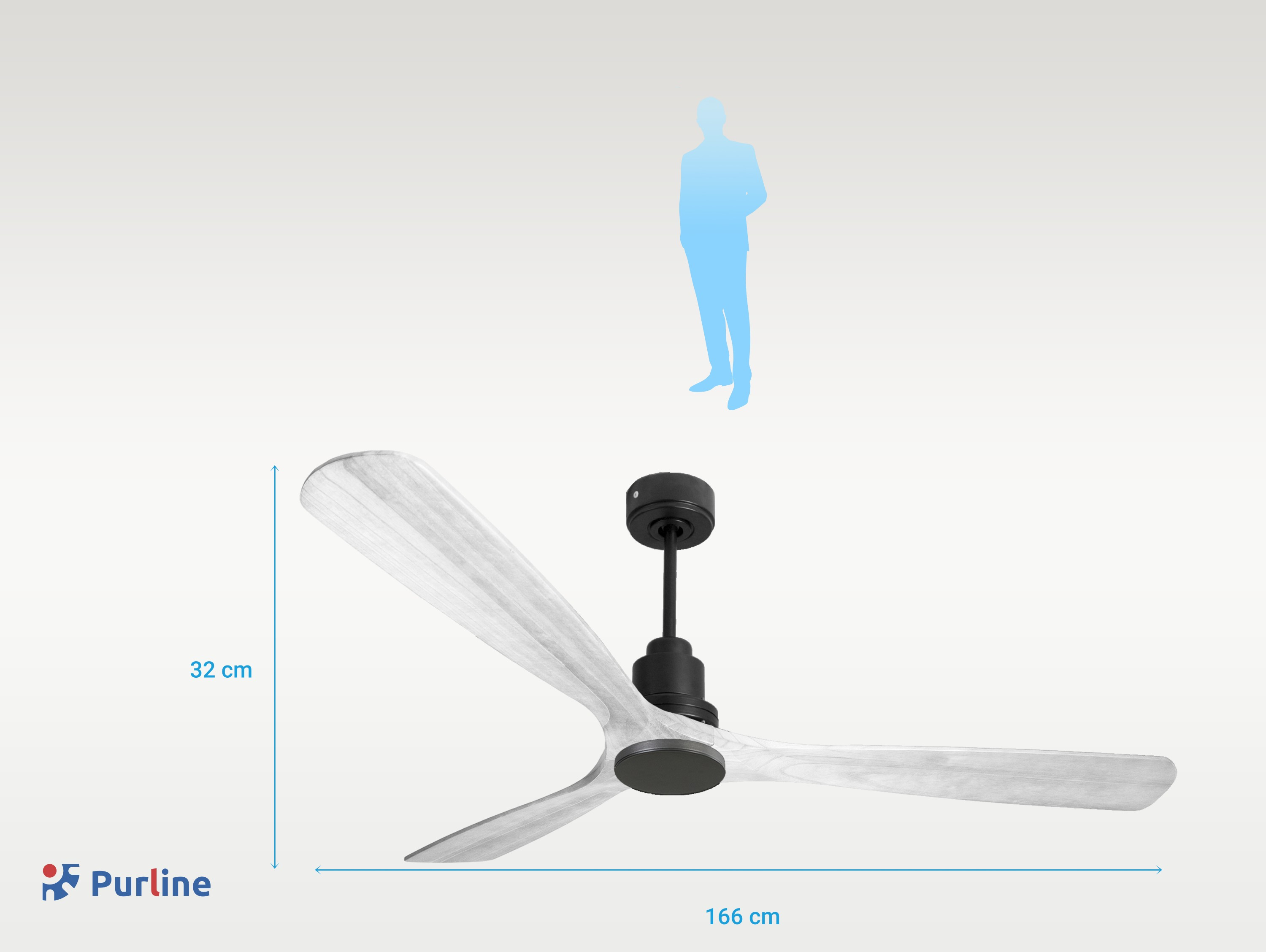 Ventilador de techo con tres aspas claras. Se muestran las dimensiones y hay una silueta de persona.
