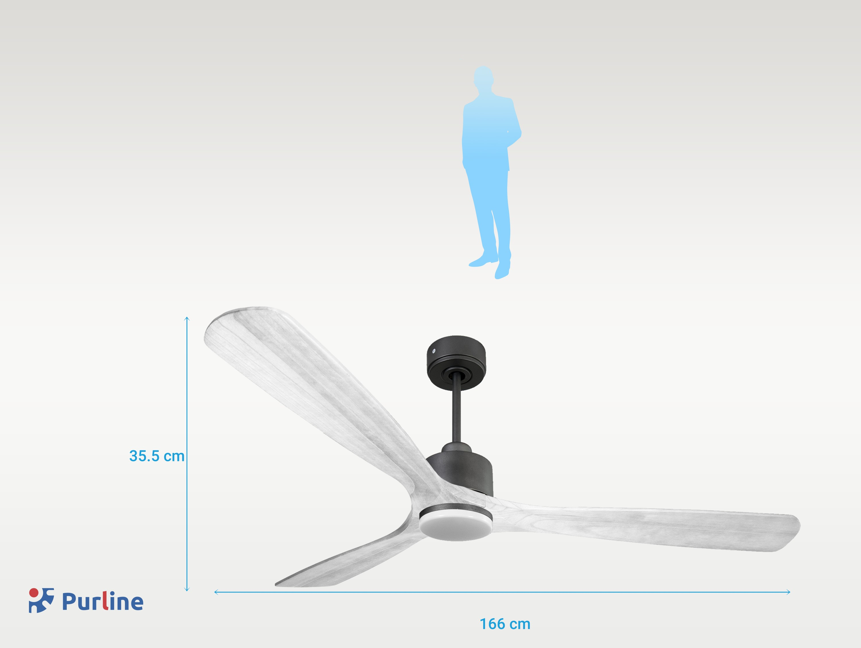 Ventilador de techo con tres aspas claras. Se muestran las dimensiones y hay una silueta de persona.