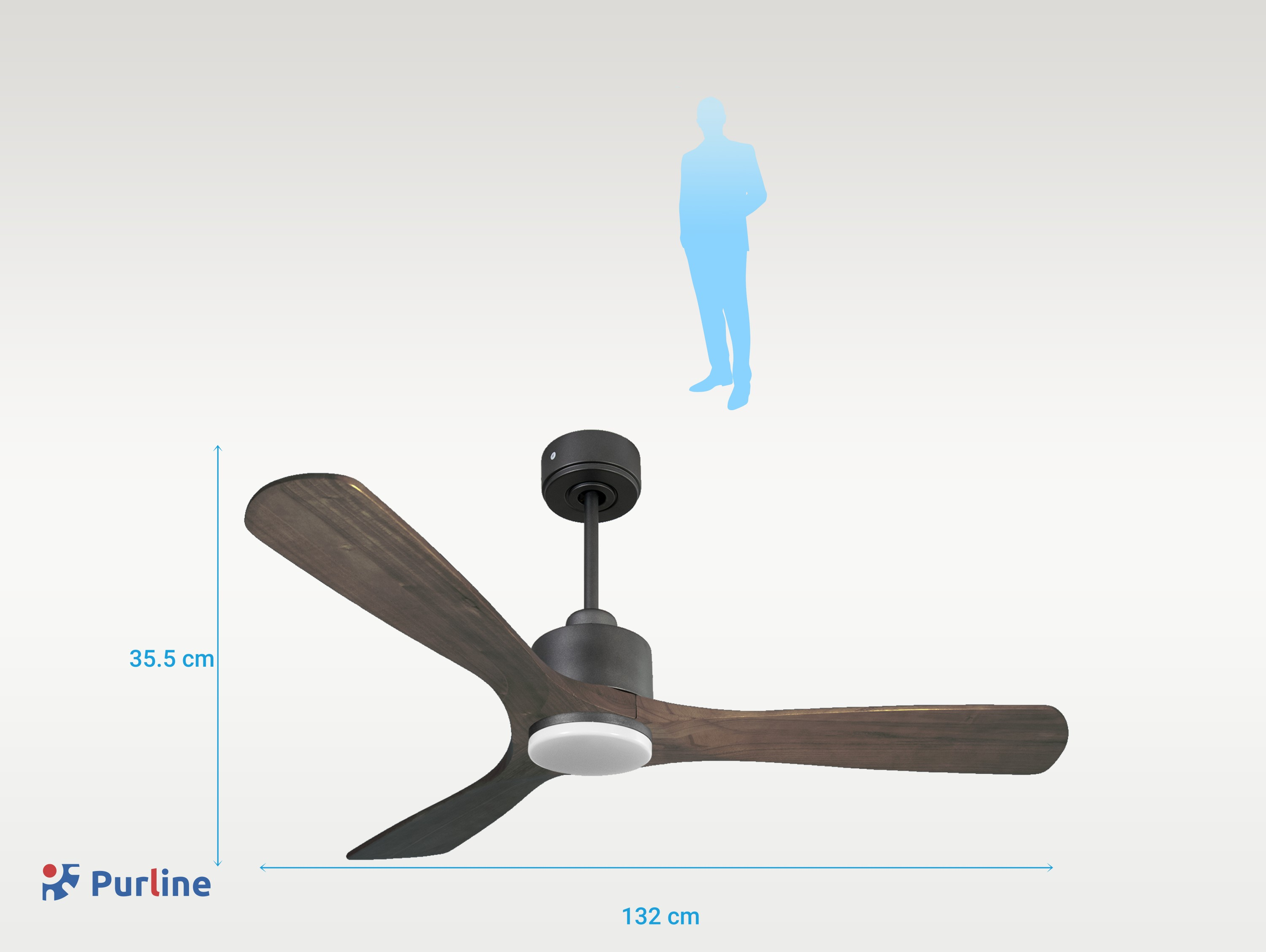 Ventilador de techo con tres aspas marrón oscuro. Dimensiones mostradas, silueta de persona arriba.
