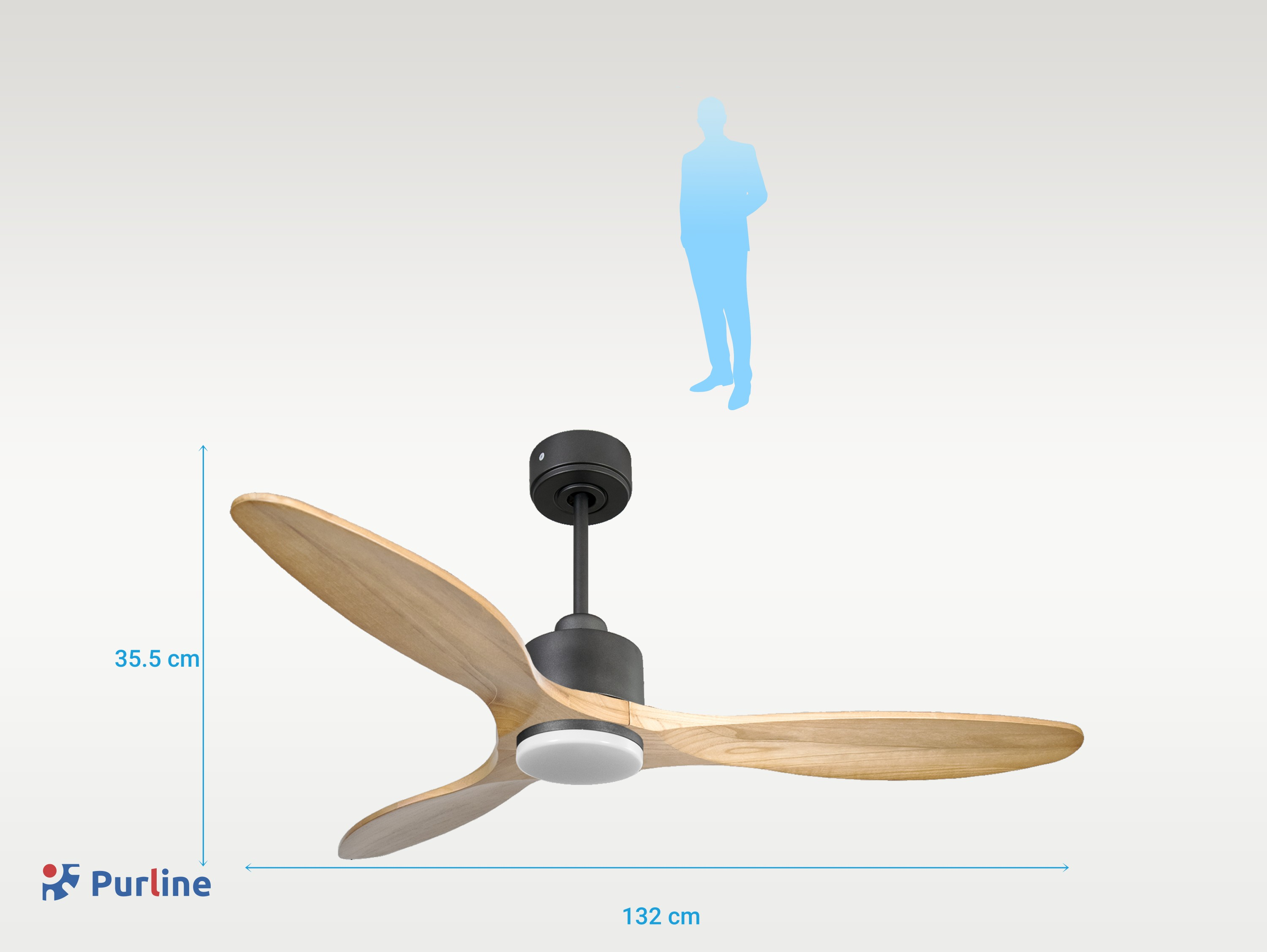 Ventilador de techo con aspas de madera y cuerpo negro. Una silueta de persona está arriba. Se indican las dimensiones.
