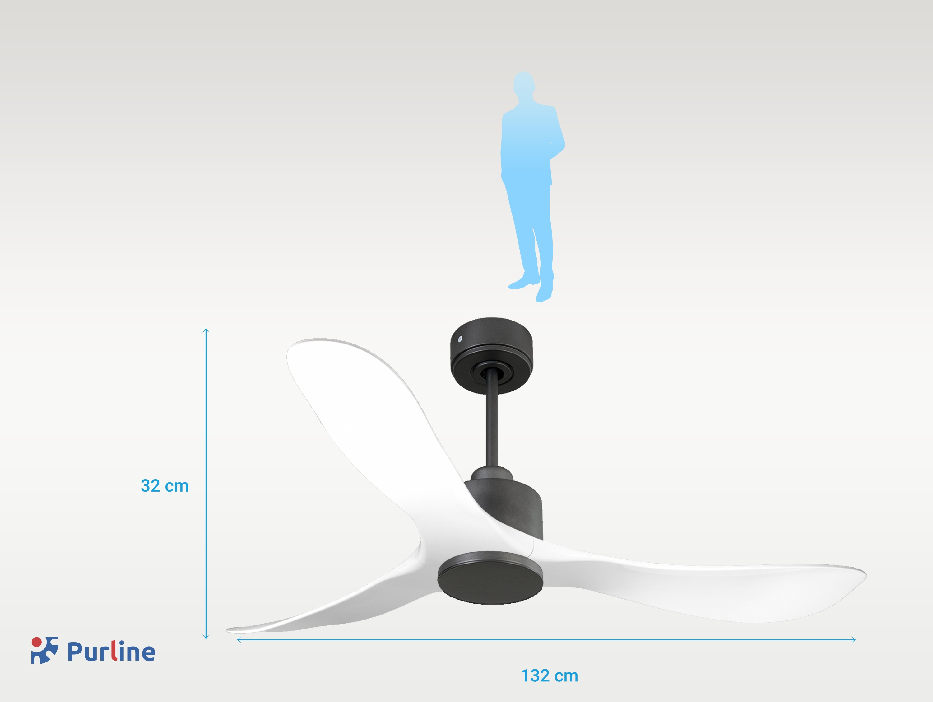 Un ventilador de techo blanco y negro con tres aspas. Se muestran las dimensiones. Una silueta azul de persona es visible.