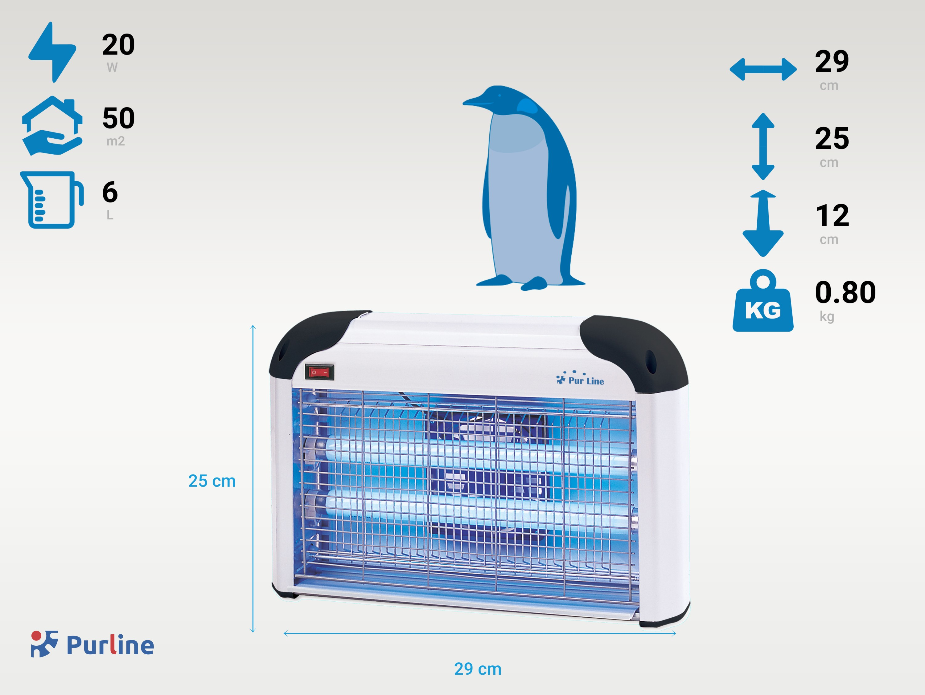 Mata insectos blanco con luces UV azules y una ilustración de pingüino. Muestra dimensiones y consumo.