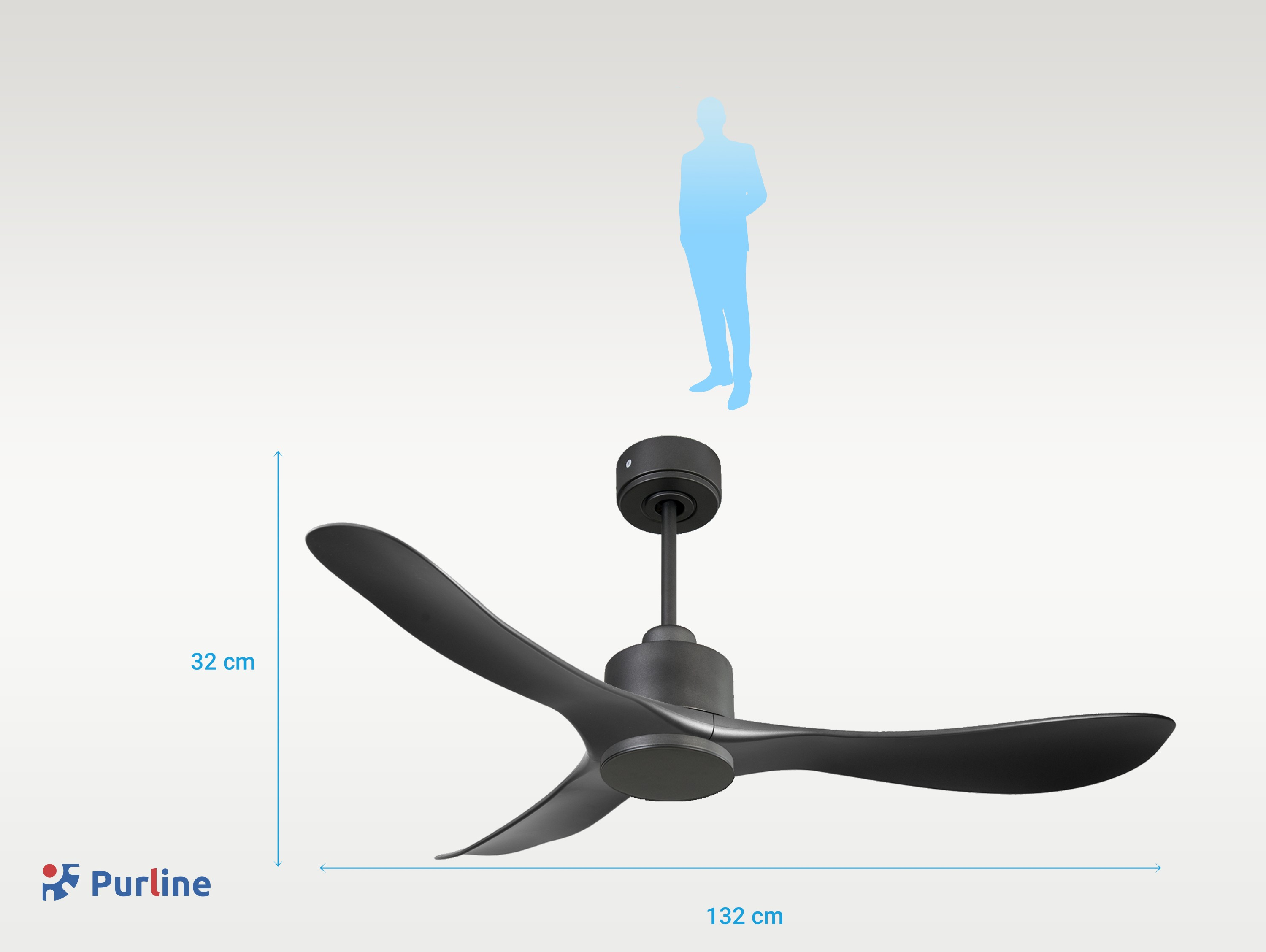 Un ventilador de techo negro con tres aspas. Se muestran las dimensiones. Visible una silueta azul de una persona.