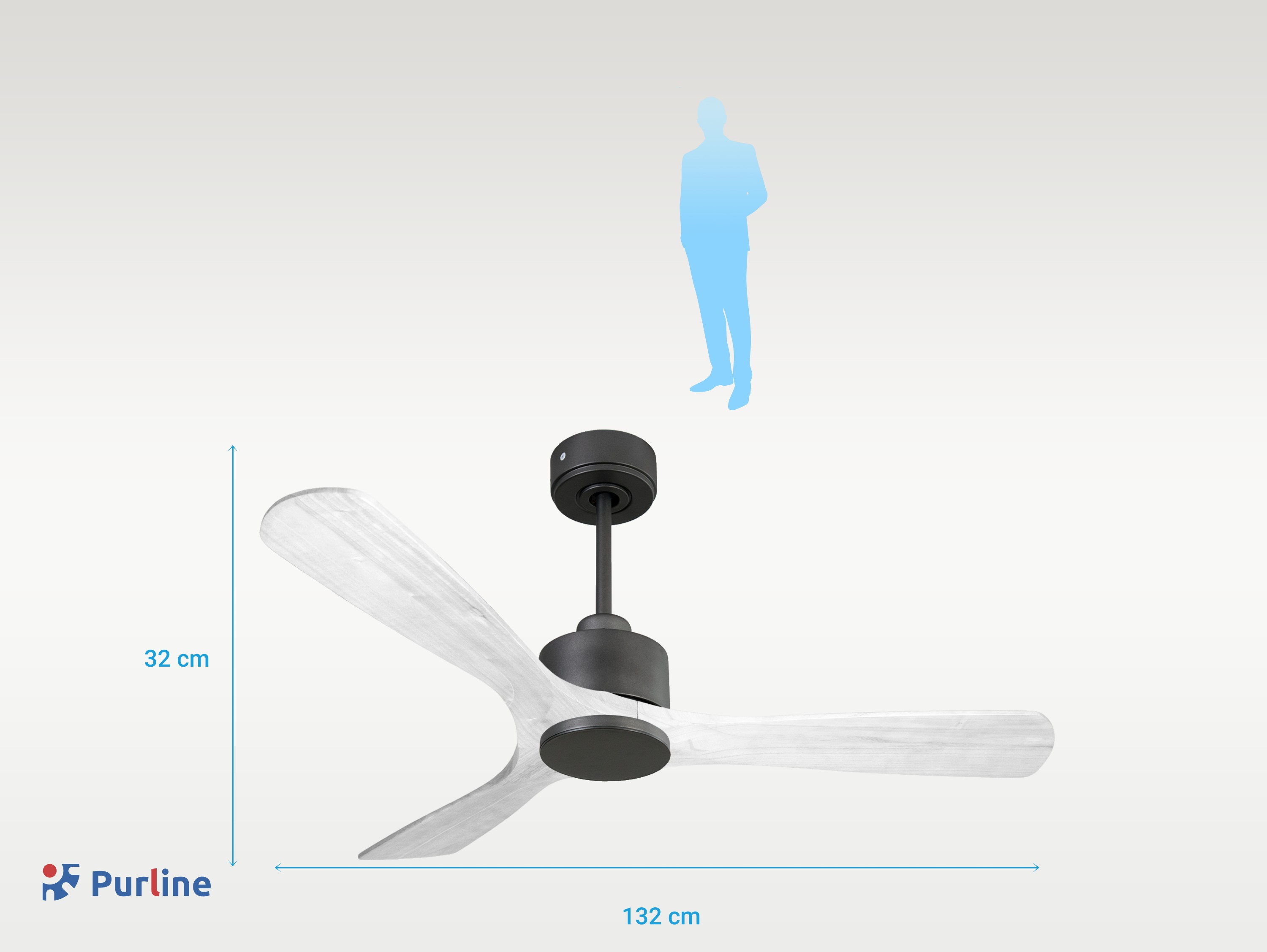 Ventilador de techo con tres aspas blancas y motor negro. Silueta azul de una persona detrás.