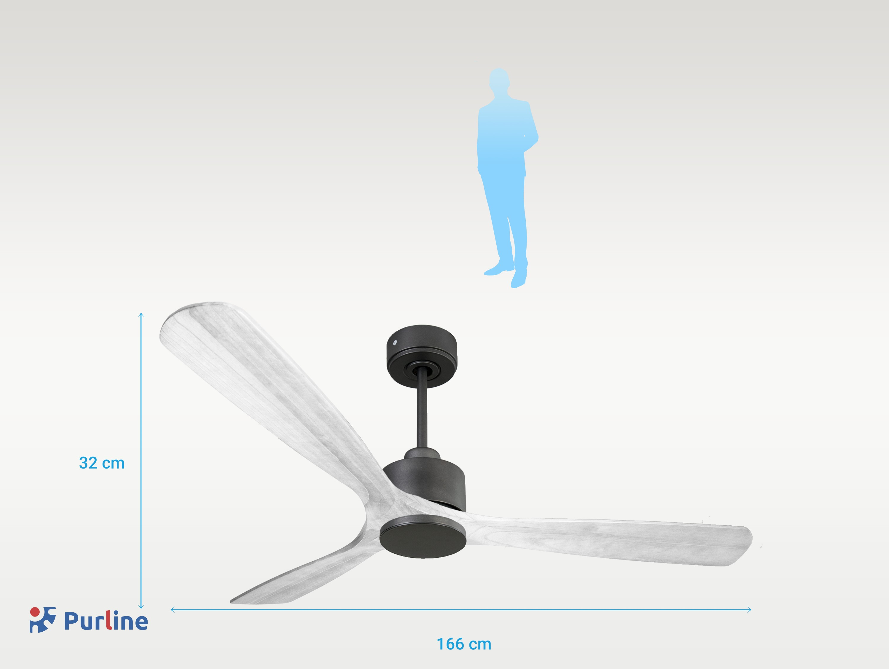 Un ventilador de techo con tres aspas de madera clara y un motor negro. Se muestran las dimensiones. Silueta azul.