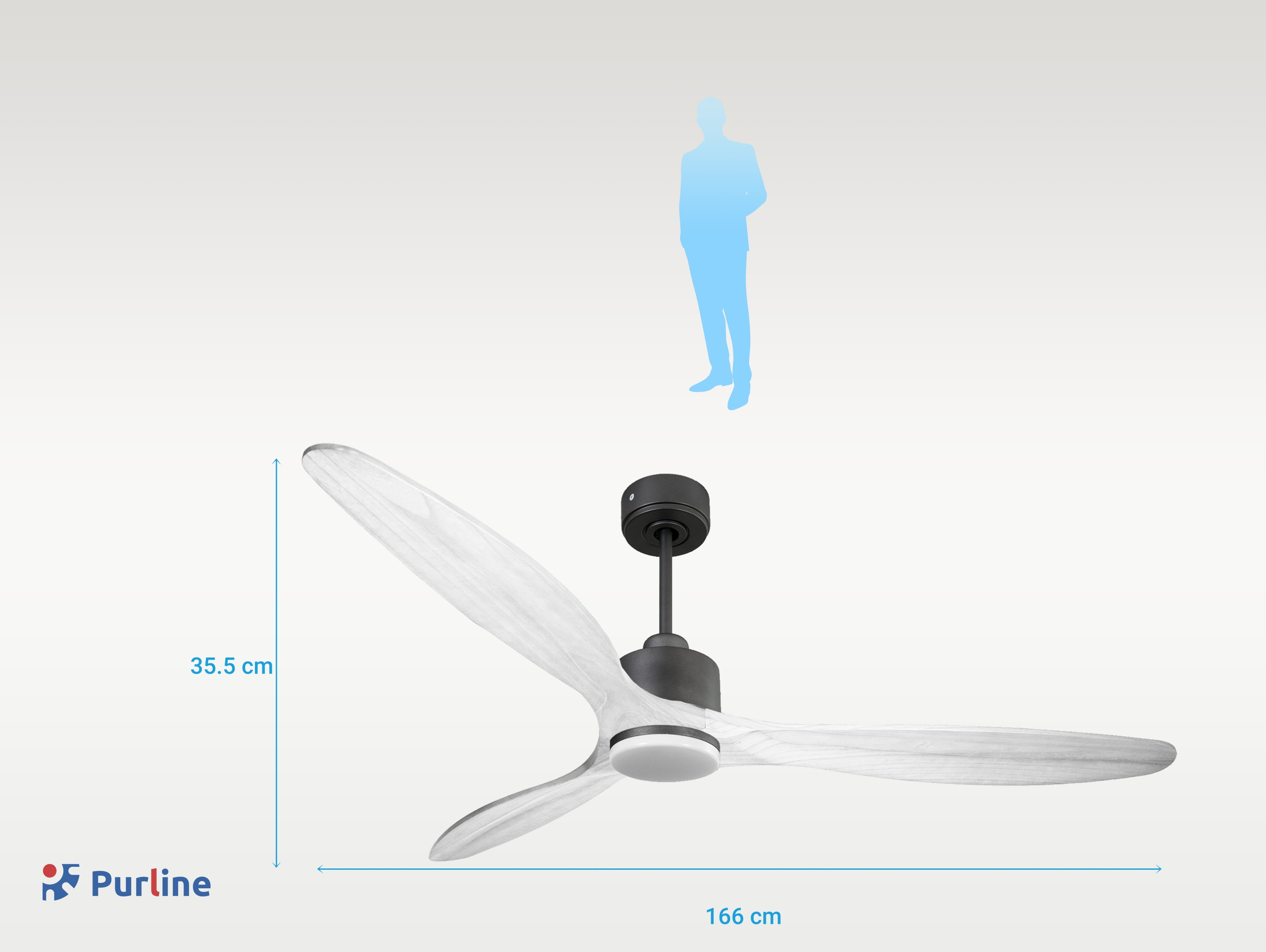 Ventilador de techo con tres aspas blancas y motor negro. Silueta azul de una persona detrás.
