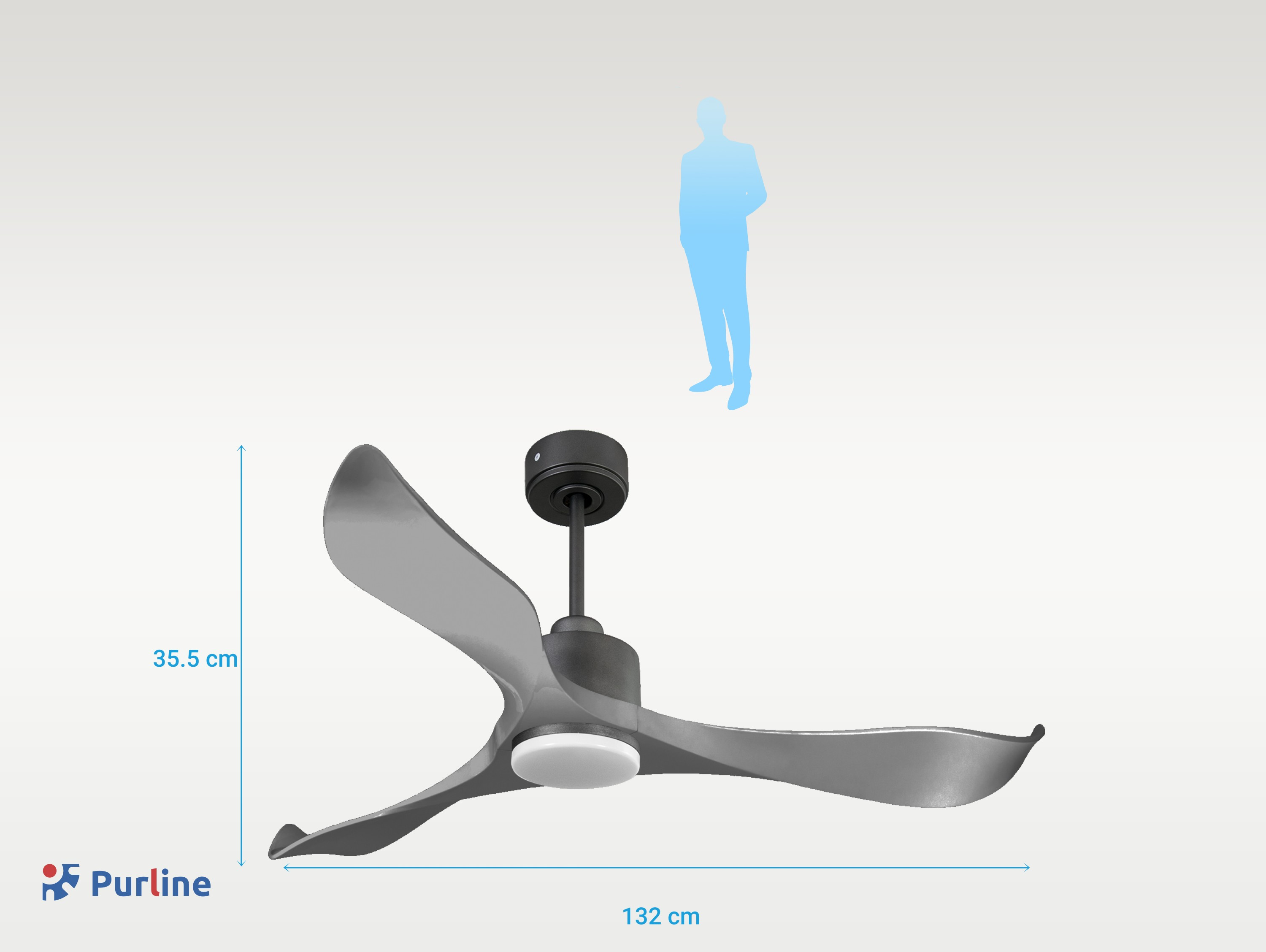 Un ventilador de techo gris con tres aspas. Se muestran las dimensiones. Una silueta humana está en la parte superior.