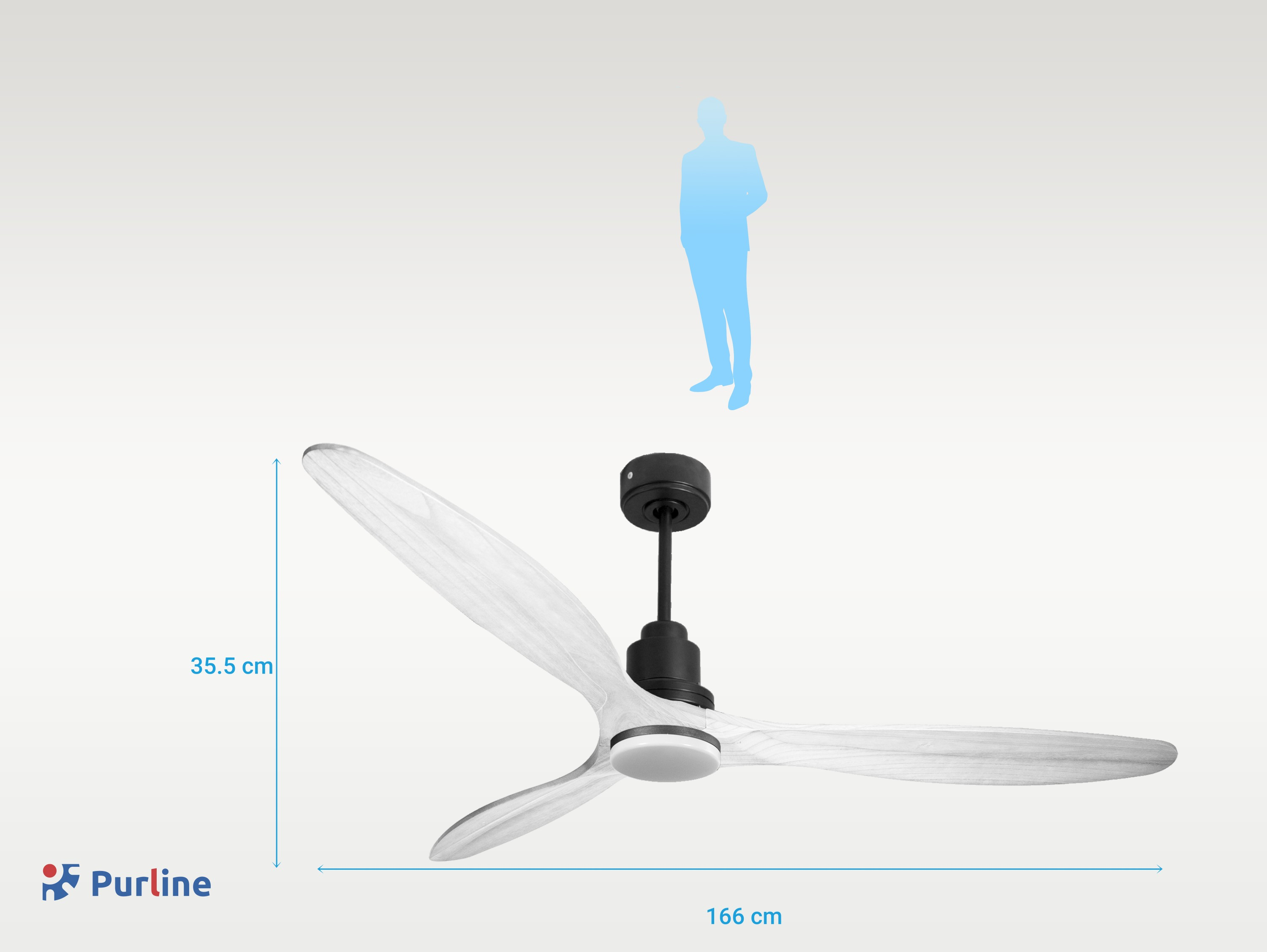 Un ventilador de techo con tres aspas blancas. Se muestran las dimensiones. Una silueta humana está en la parte superior.