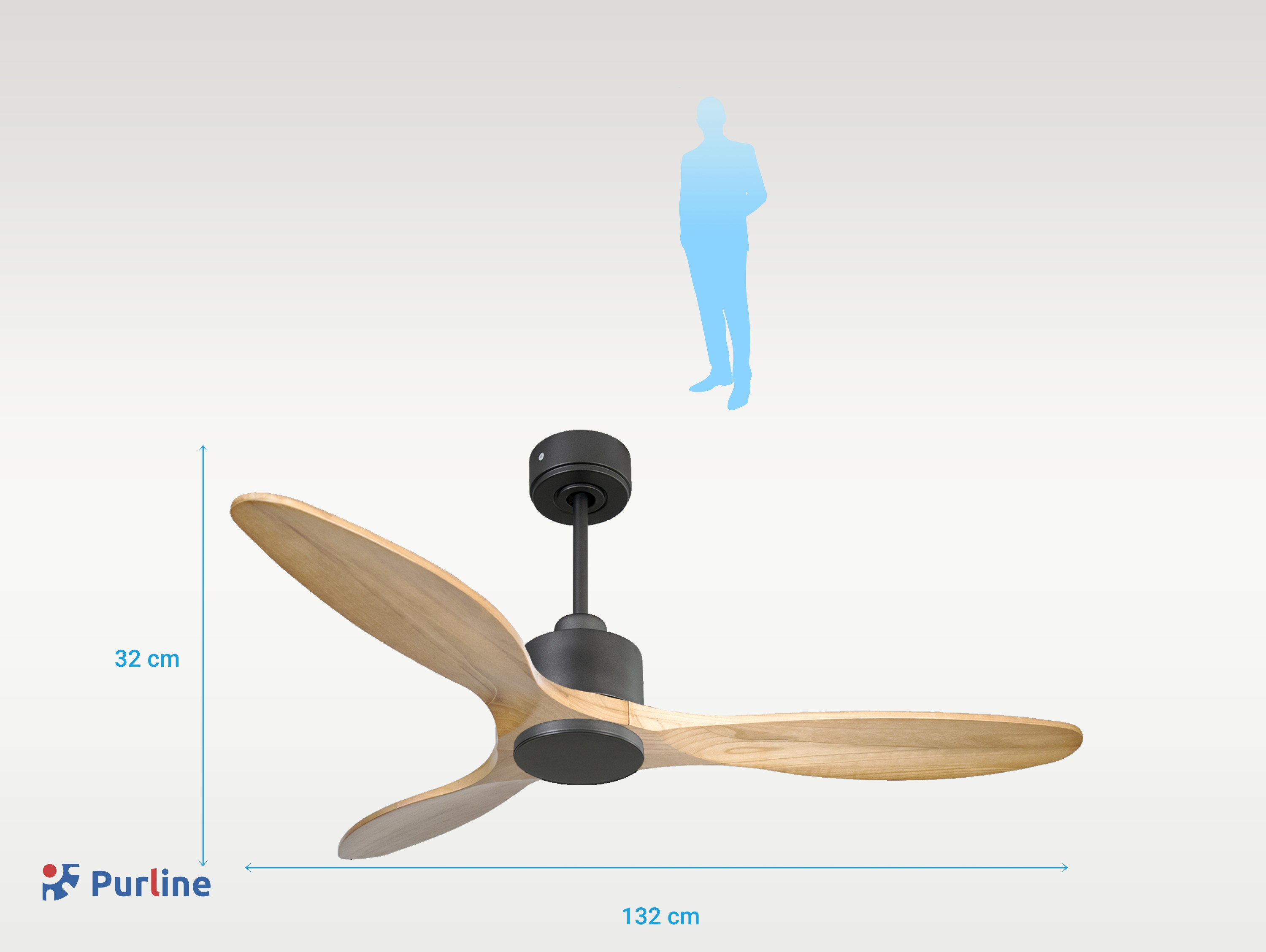 Ventilador de techo con tres aspas y motor negro, con aspas de madera clara. Silueta humana al fondo.