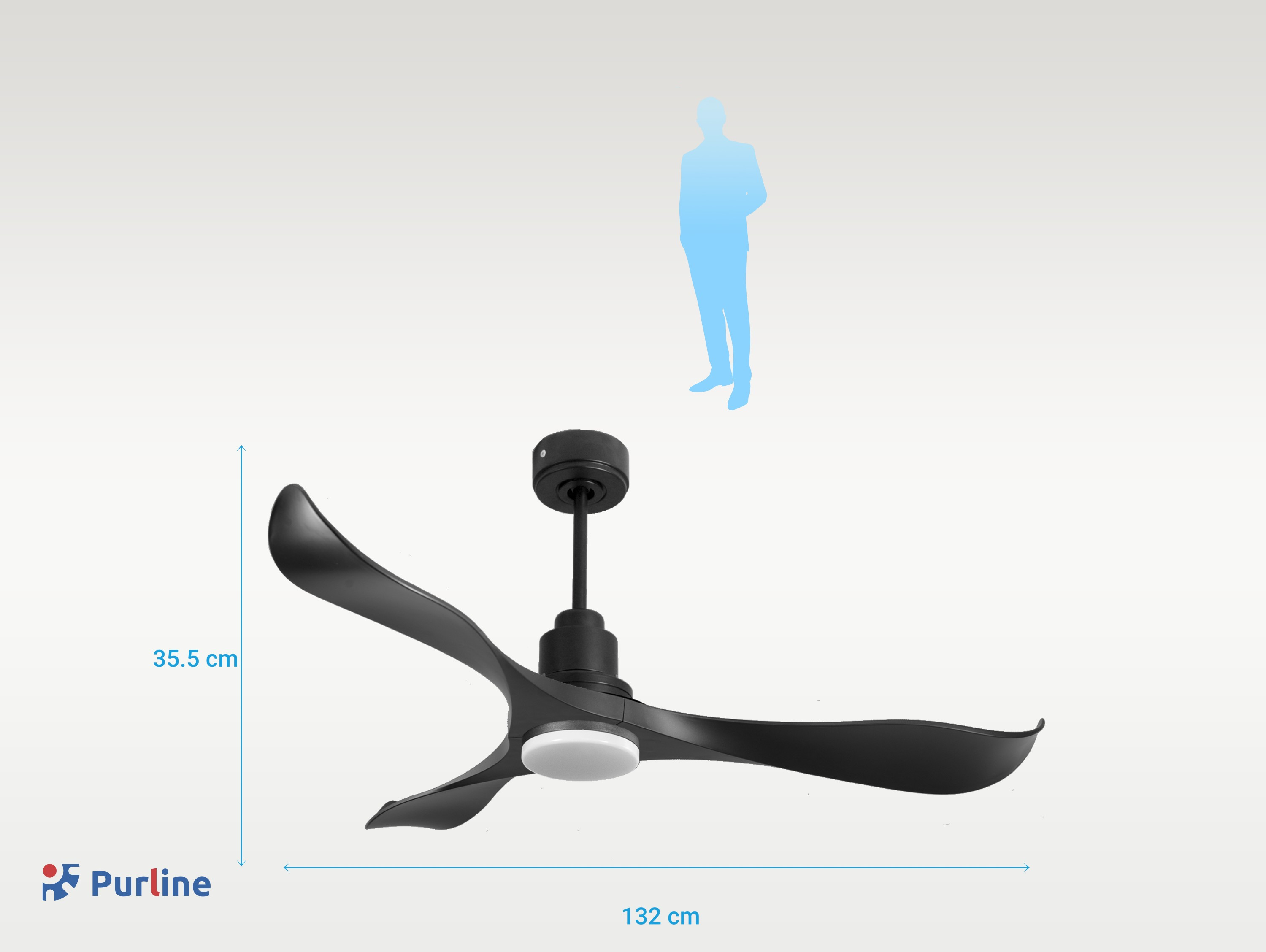 Un ventilador de techo negro con tres aspas curvas. Se muestran las dimensiones. Una silueta humana está en la parte superior.