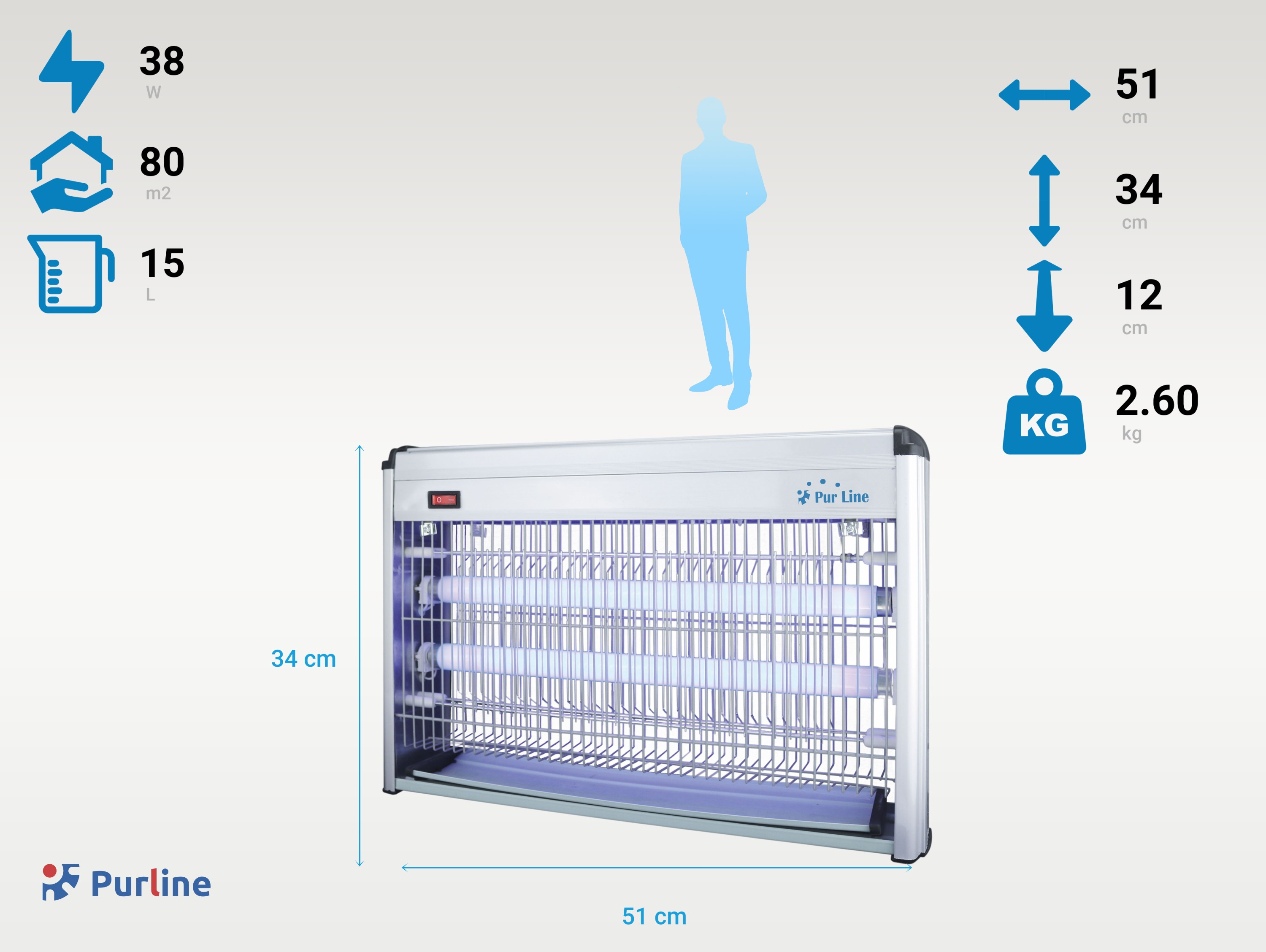 Mata insectos plateado con luces azules. Se muestran las dimensiones y las estadísticas de potencia. Una silueta...