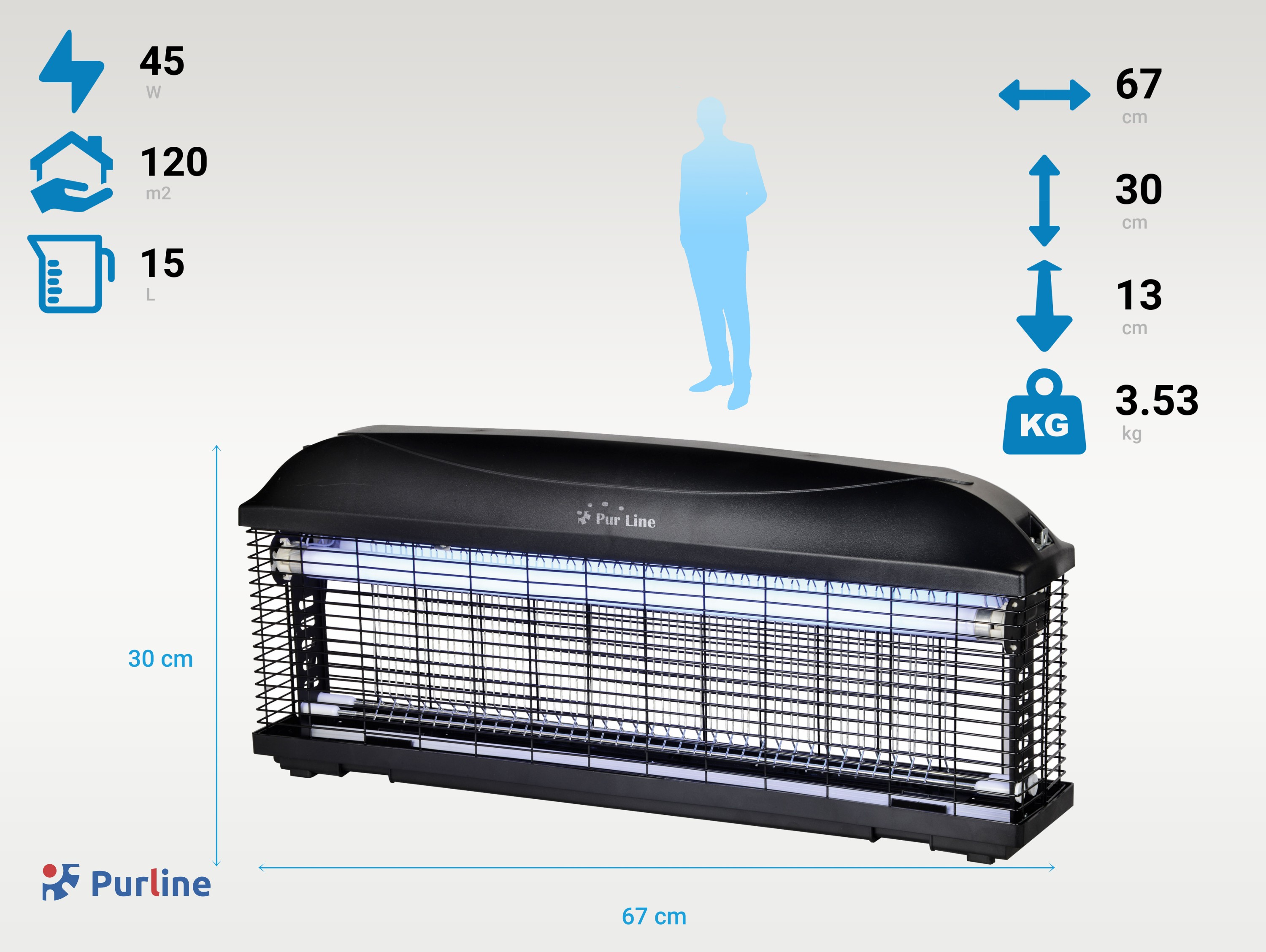 Un mata insectos con dimensiones. Una silueta humana está en la parte superior. El producto emite luz azul.