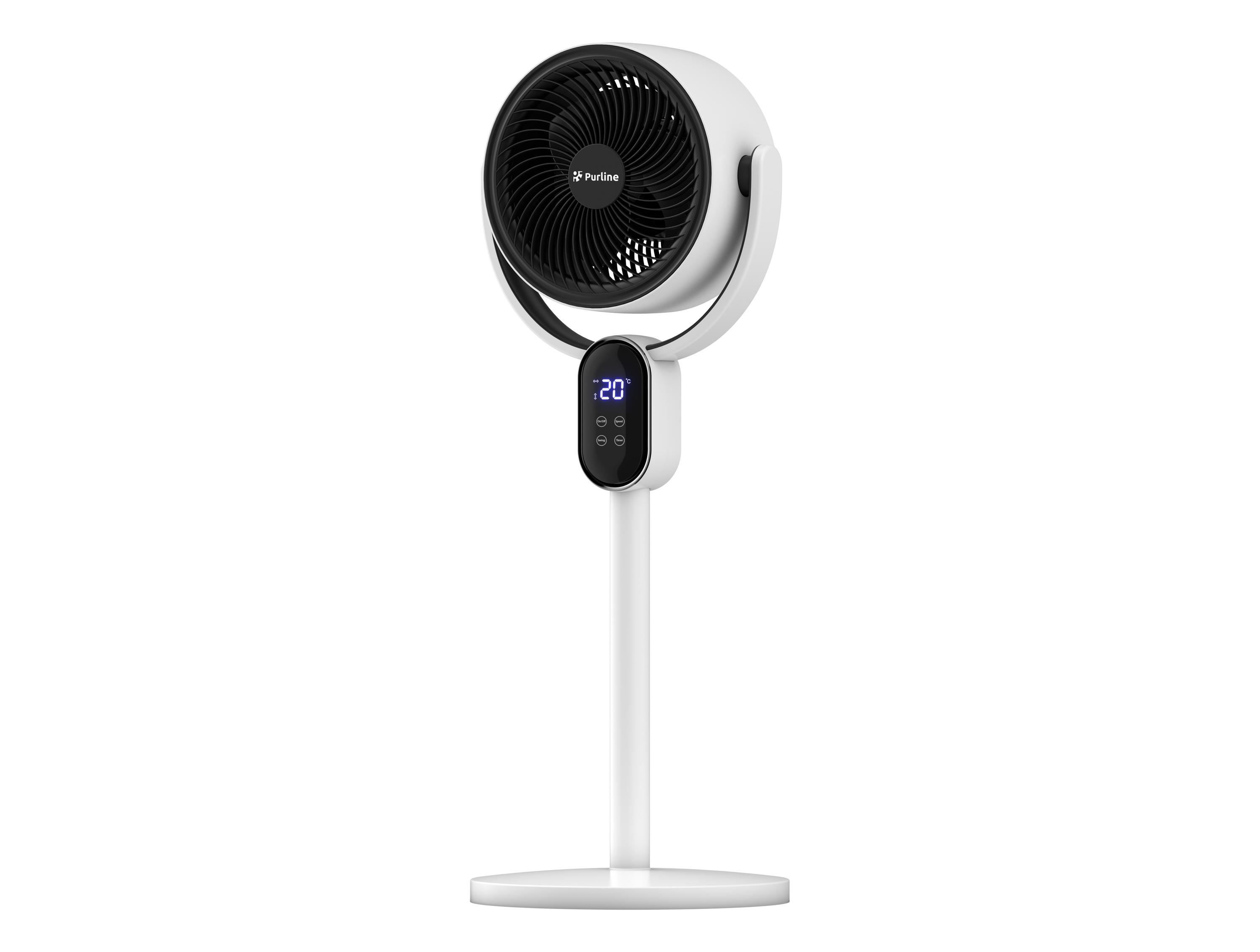 Un ventilador blanco y negro con pantalla digital. Tiene un soporte y una base redonda. Está sobre un fondo blanco.