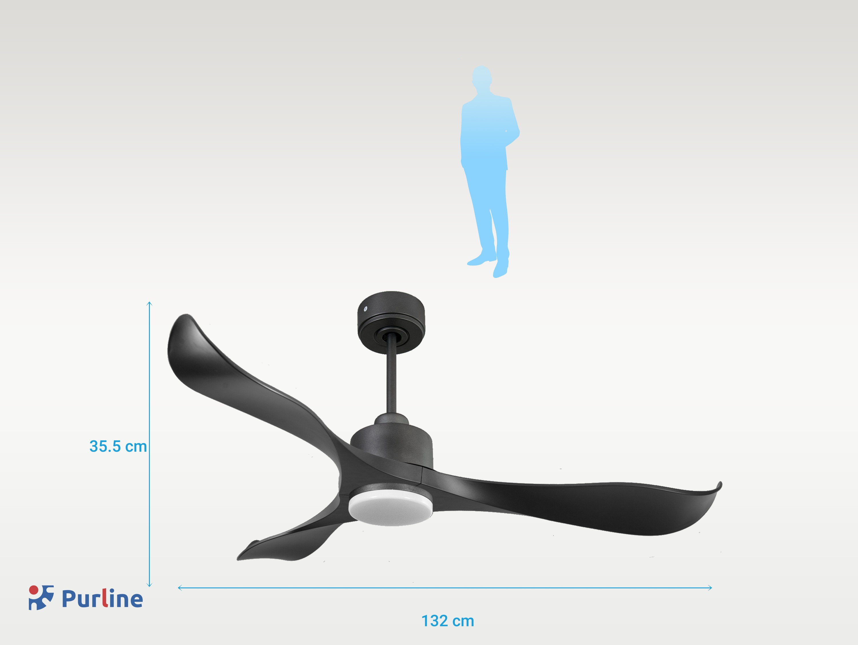 Ventilador de techo negro con tres aspas y luz blanca. Una silueta de persona está en el fondo. Se muestran...