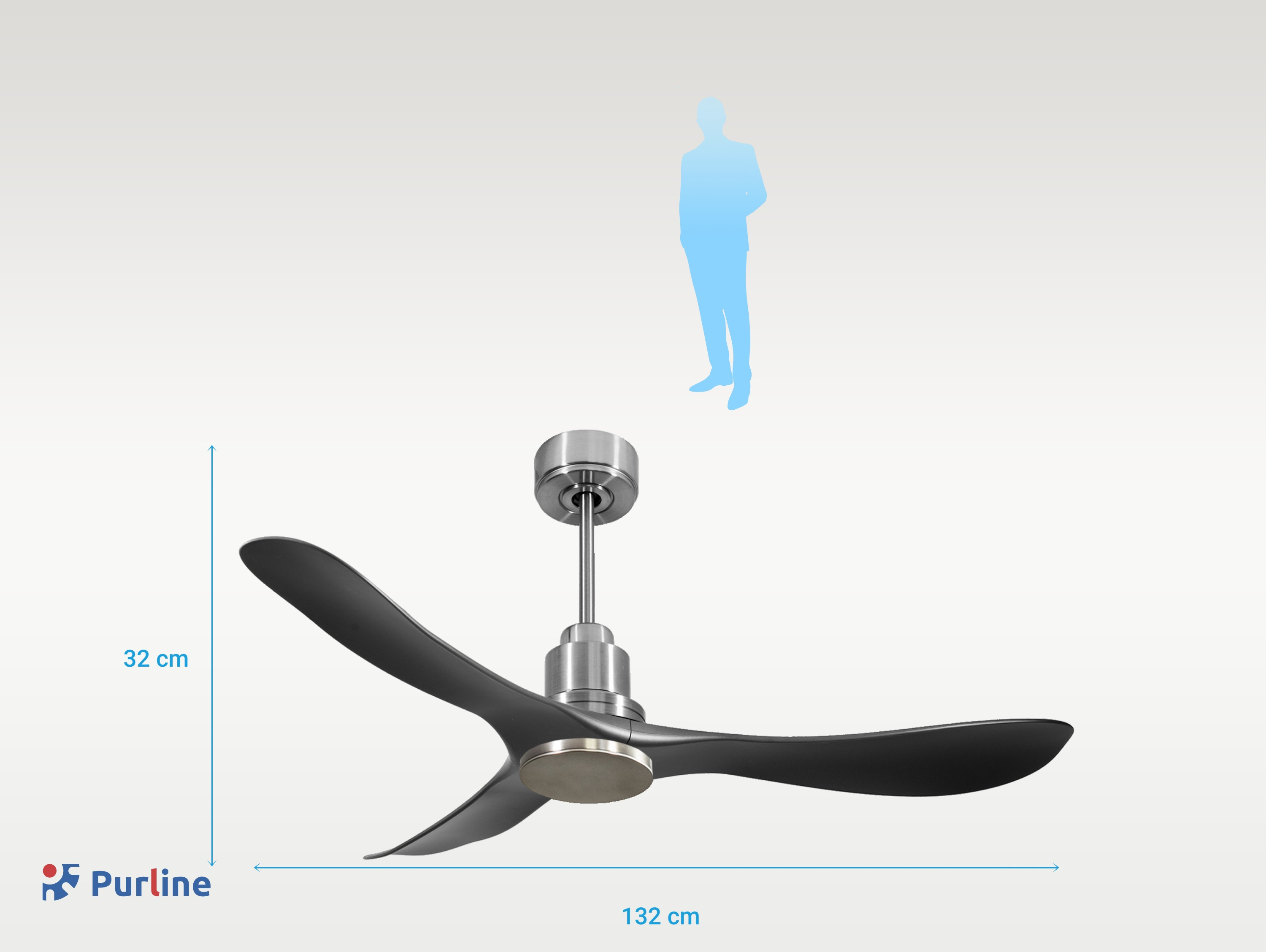 Ventilador de techo con tres aspas gris oscuro y motor plateado. Silueta humana azul arriba.