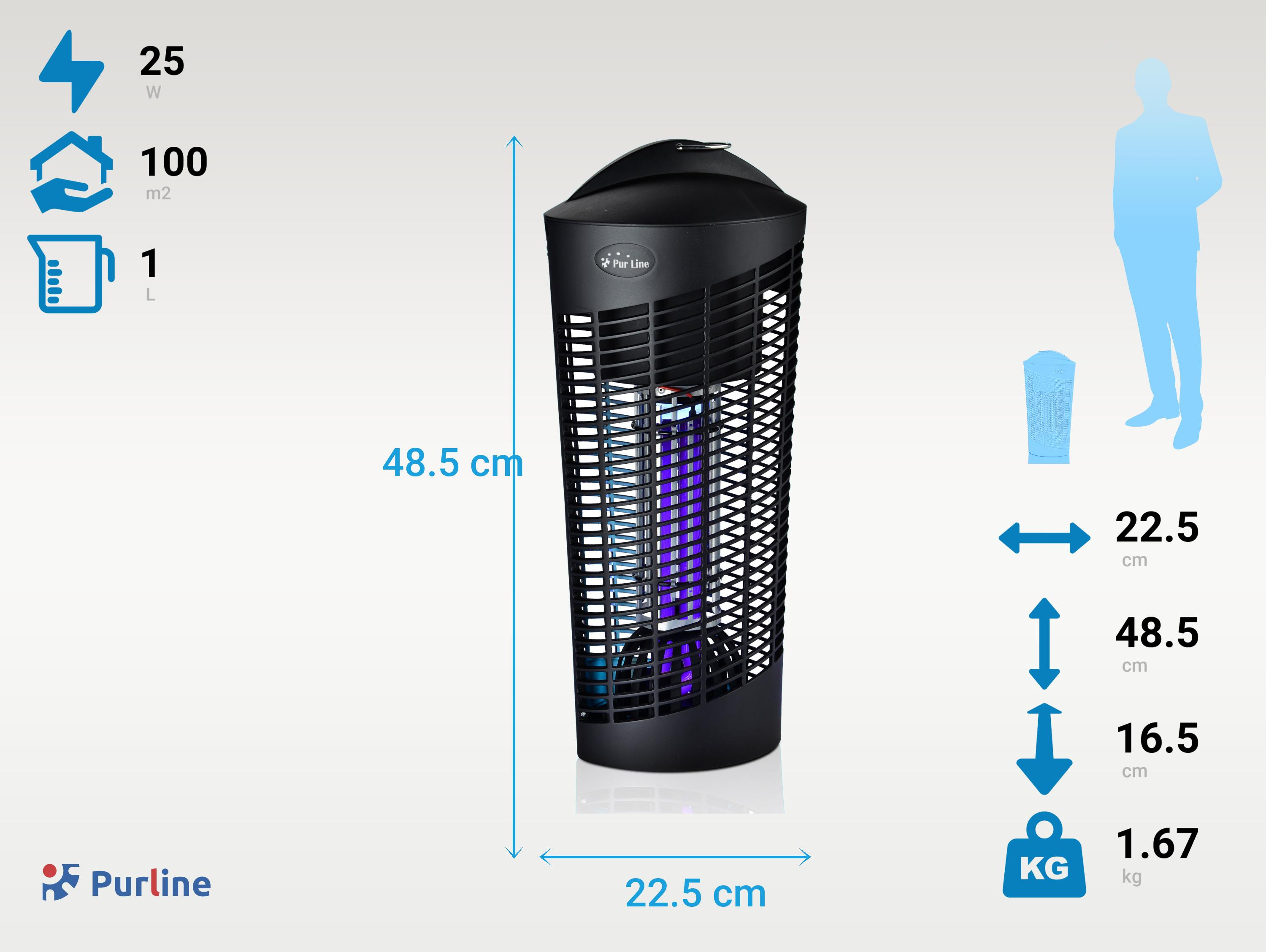 Un matamoscas negro con dimensiones y detalles de energía, y una silueta humana azul.