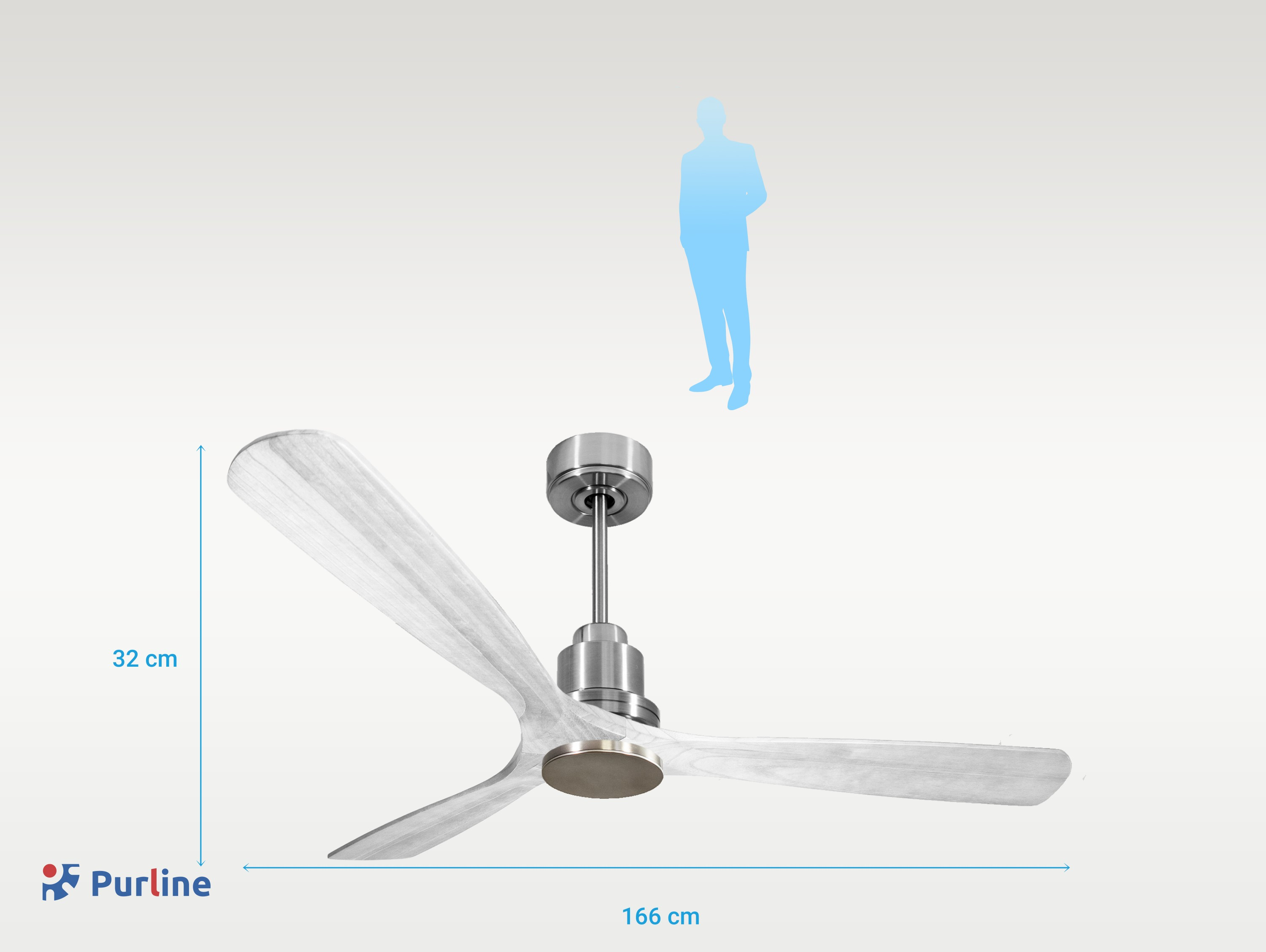 Ventilador de techo con aspas de madera, herrajes plateados. Silueta humana encima.