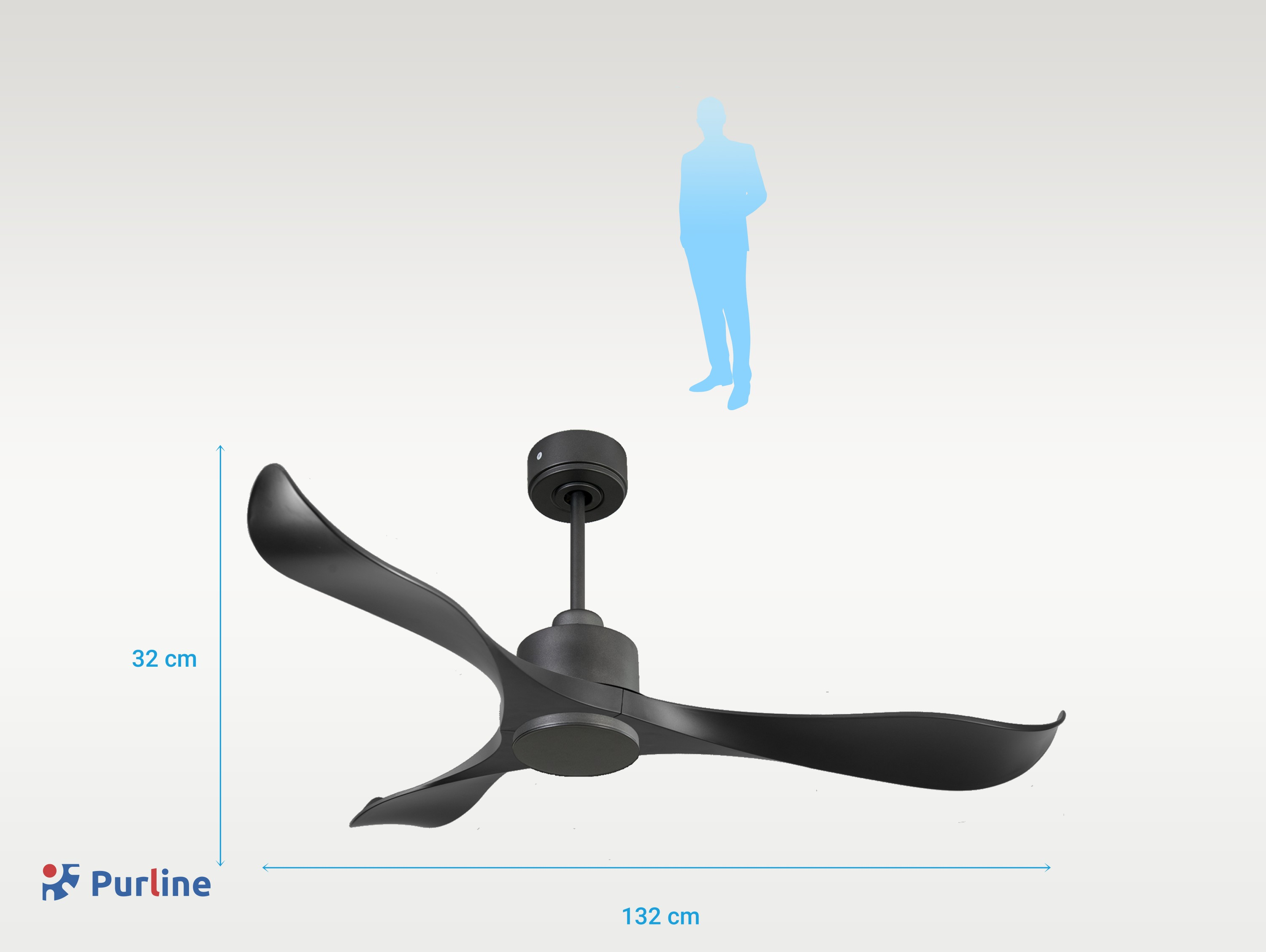 Ventilador de techo negro con tres aspas, herrajes negros. Silueta humana encima.