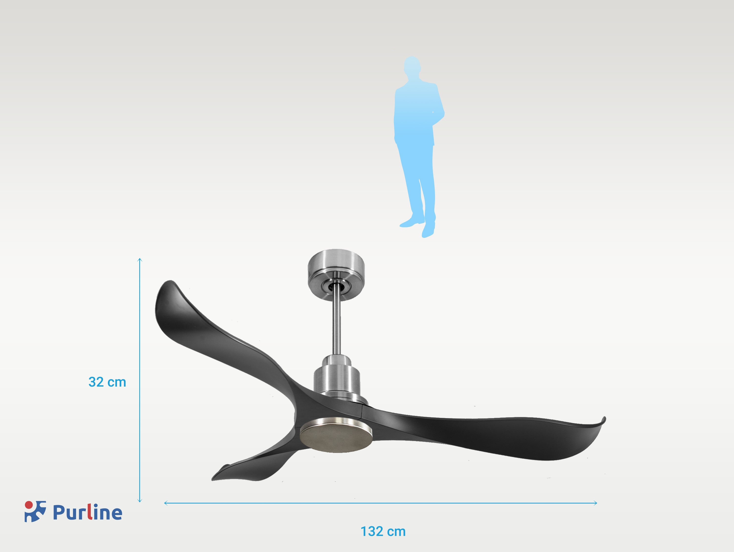 Ventilador de techo negro con detalles metálicos, cuerpo de metal y luz. Dimensiones con silueta humana para escala.