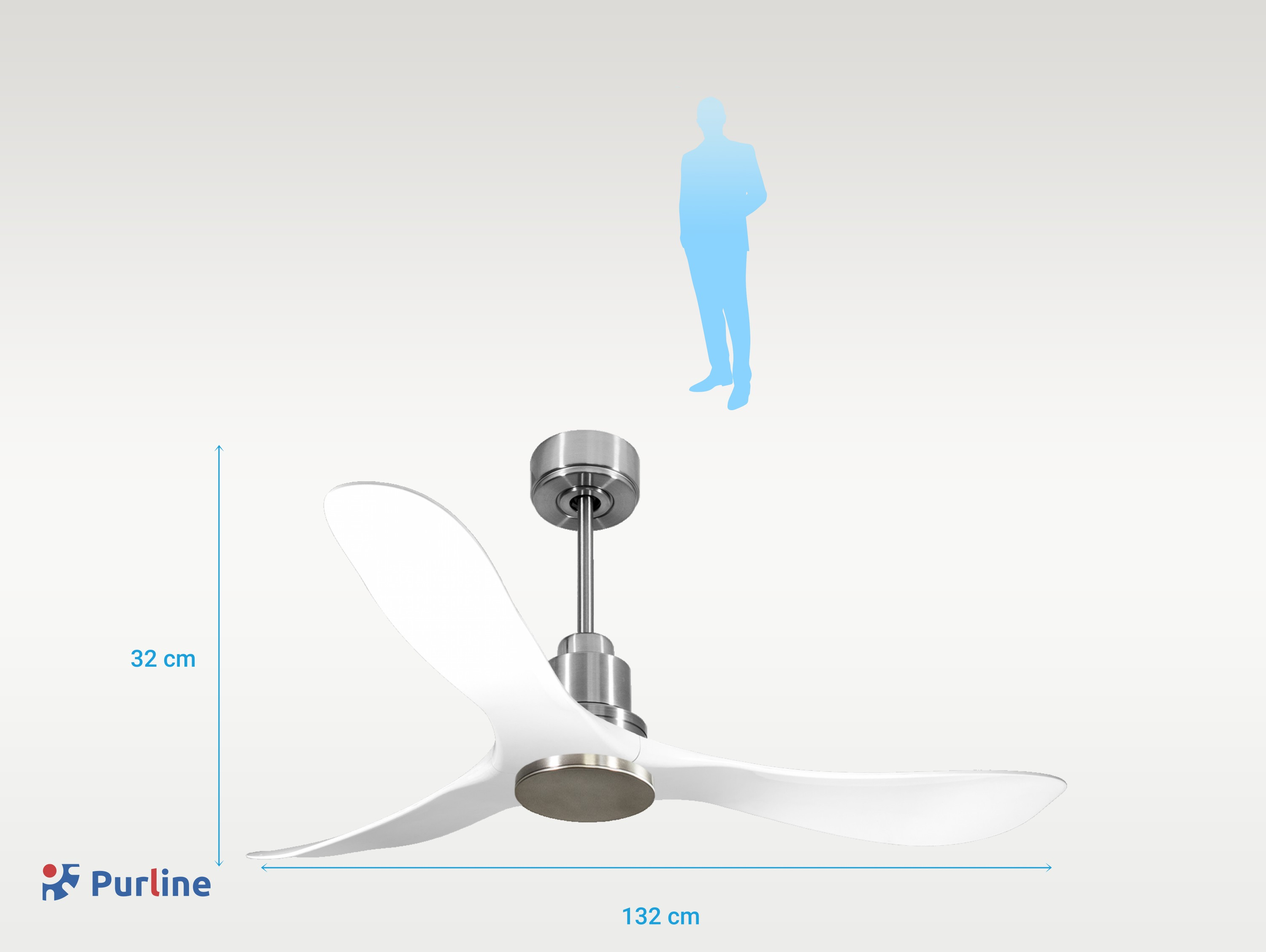 Ventilador de techo blanco con motor plateado. Silueta azul de persona en el fondo. Dimensiones.