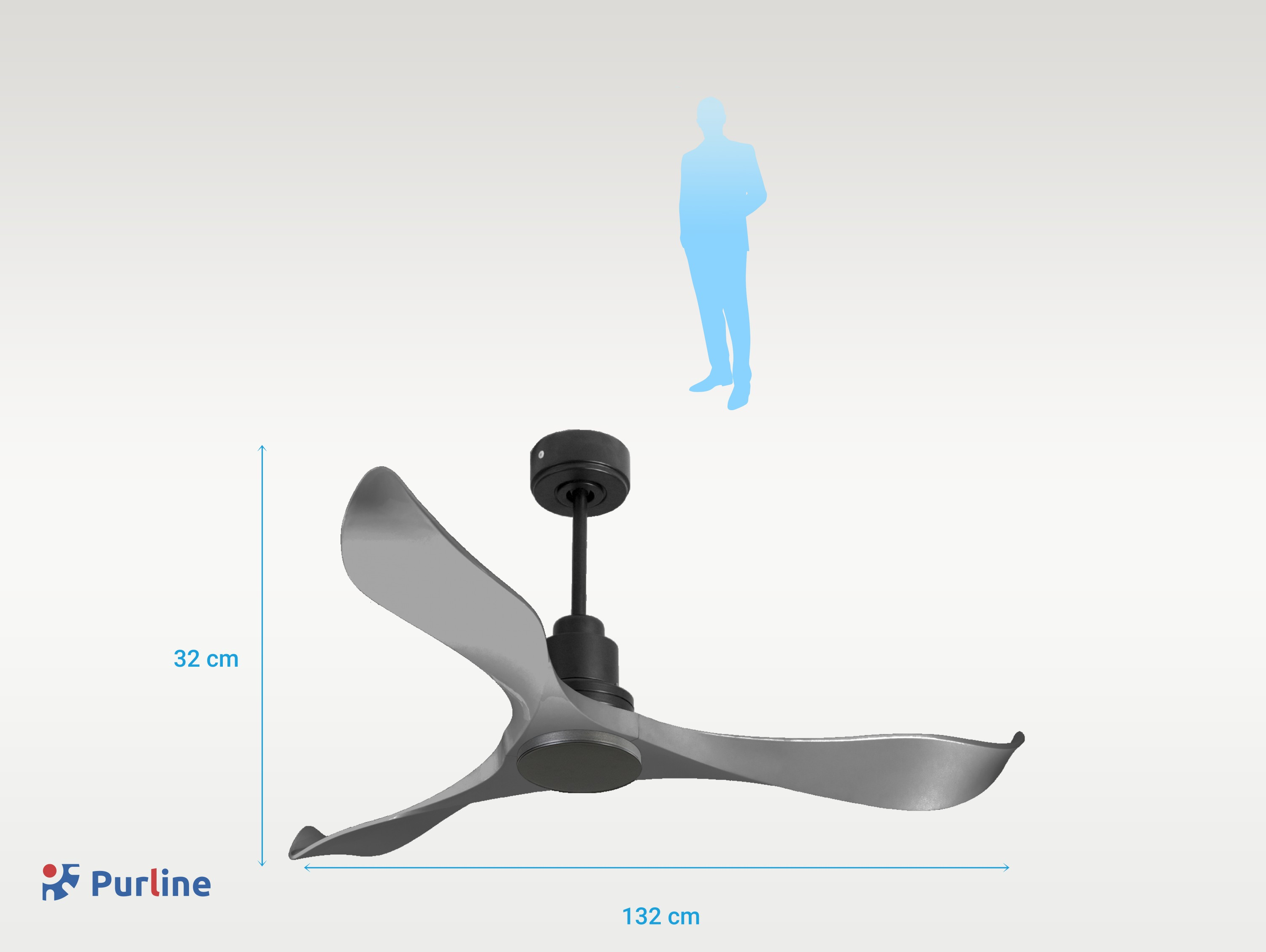 Ventilador de techo con aspas grises y detalles metálicos. Dimensiones con silueta humana para escala.