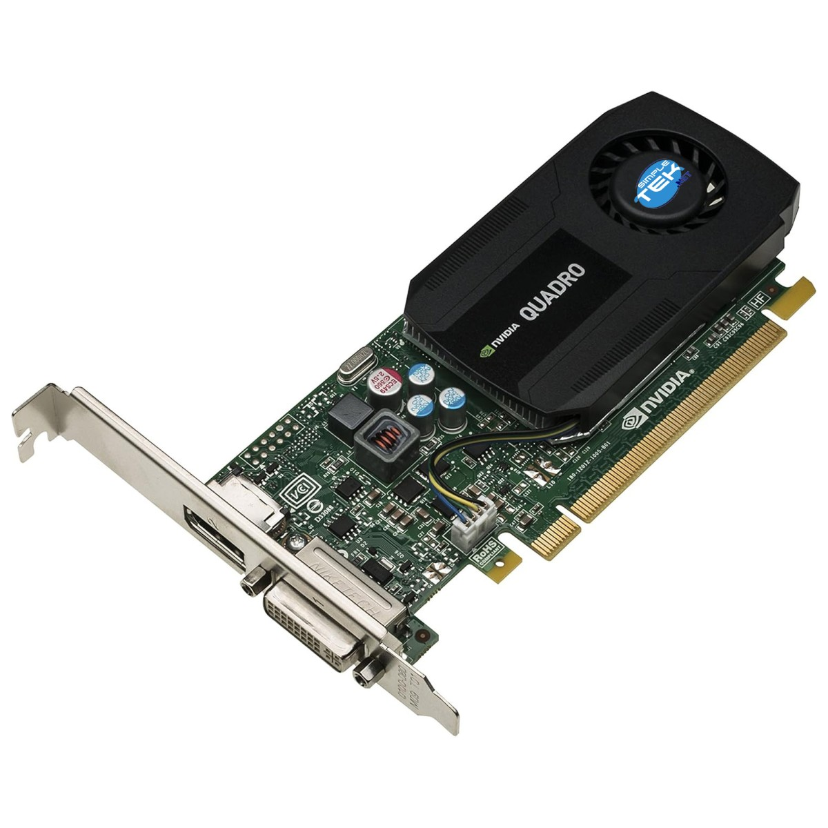 Scheda grafica Nvidia Quadro con dissipatore e varie porte, tra cui DVI.