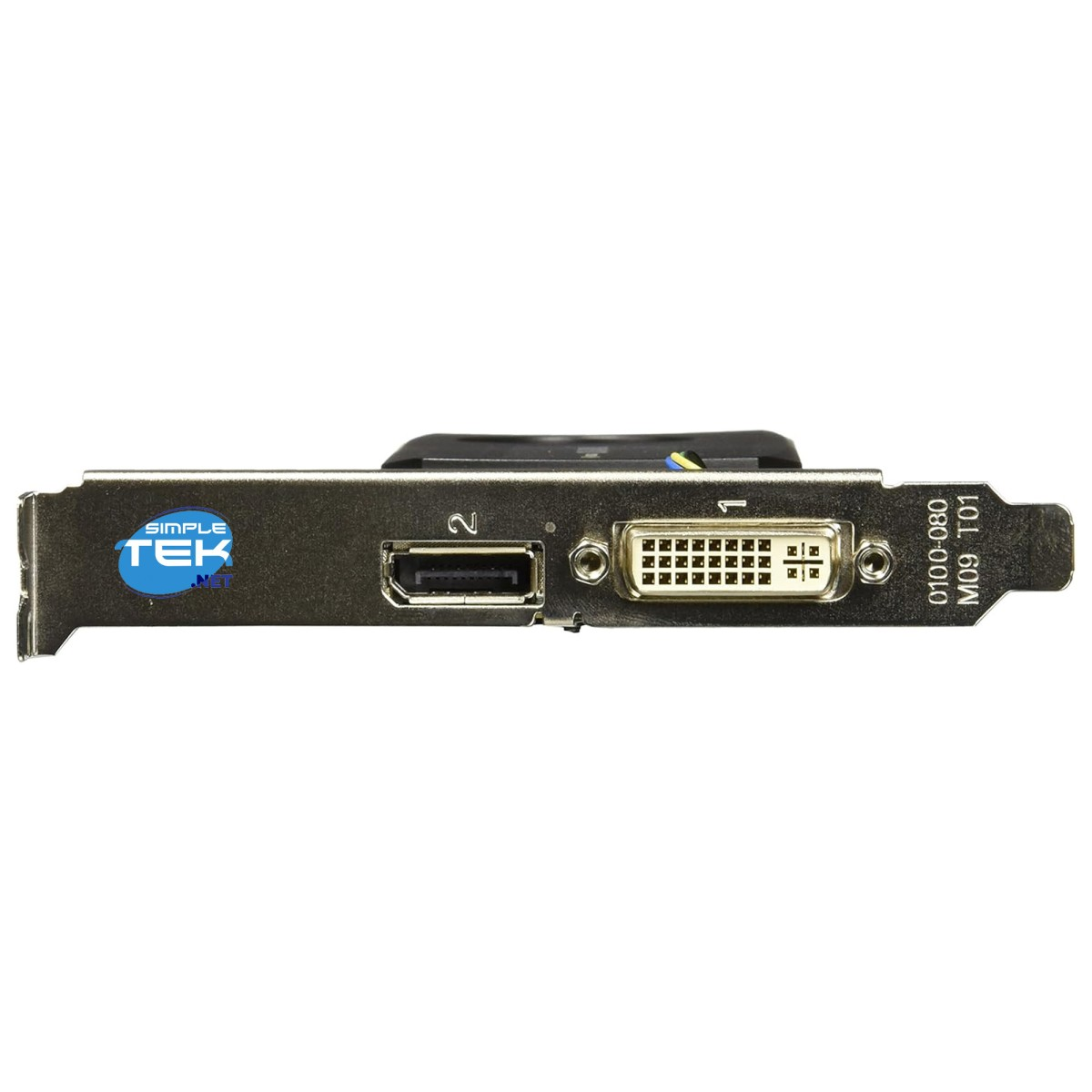 Scheda grafica con porte, tra cui DVI e HDMI, e un logo SimpleTek.