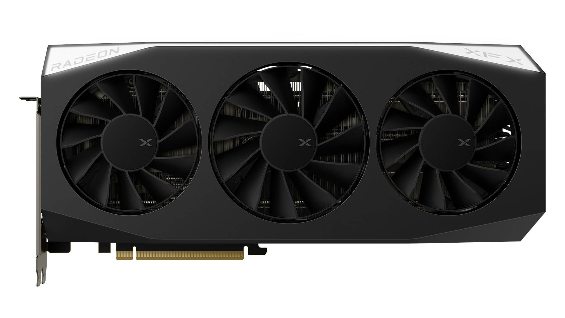 Une carte graphique Radeon noire avec trois ventilateurs. La carte a un corps noir et les logos Radeon et XFX.