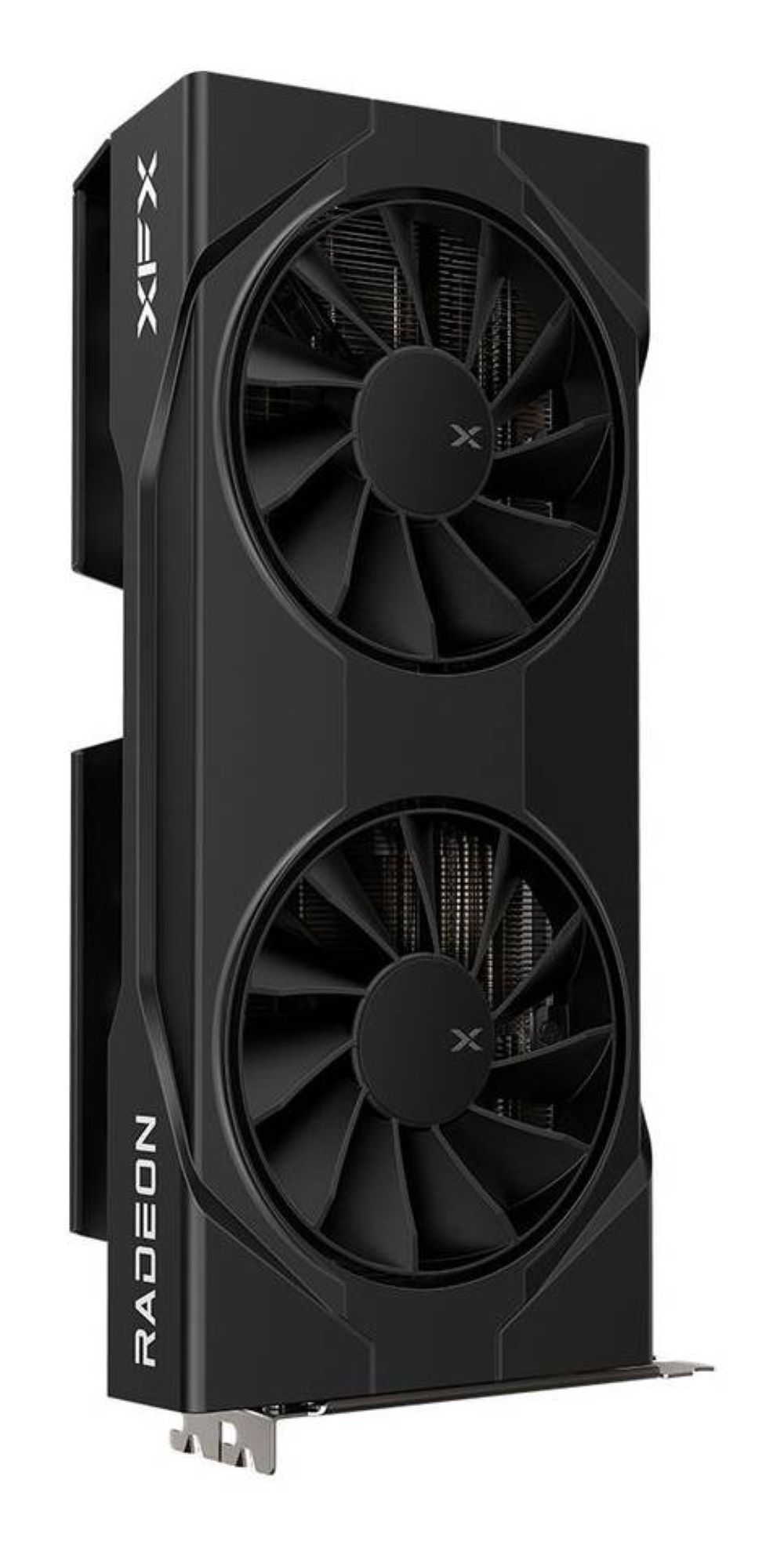 Tarjeta gráfica negra XFX Radeon con dos ventiladores. Diseño vertical. La tarjeta tiene un logotipo Radeon y un logotipo XFX.
