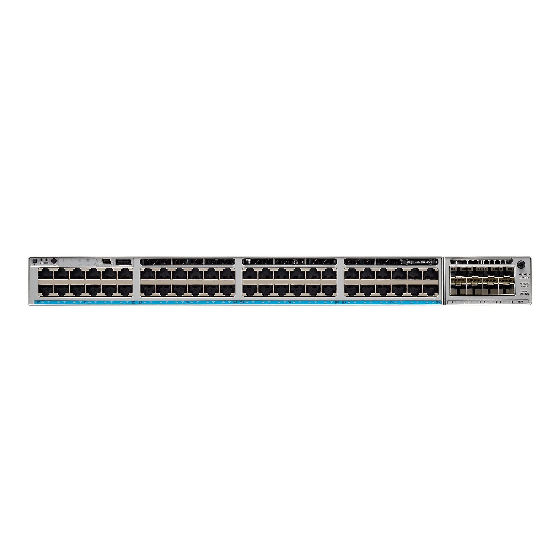 Uno switch di rete con molte porte. È principalmente grigio con varie porte e luci. Il logo Cisco è visibile.