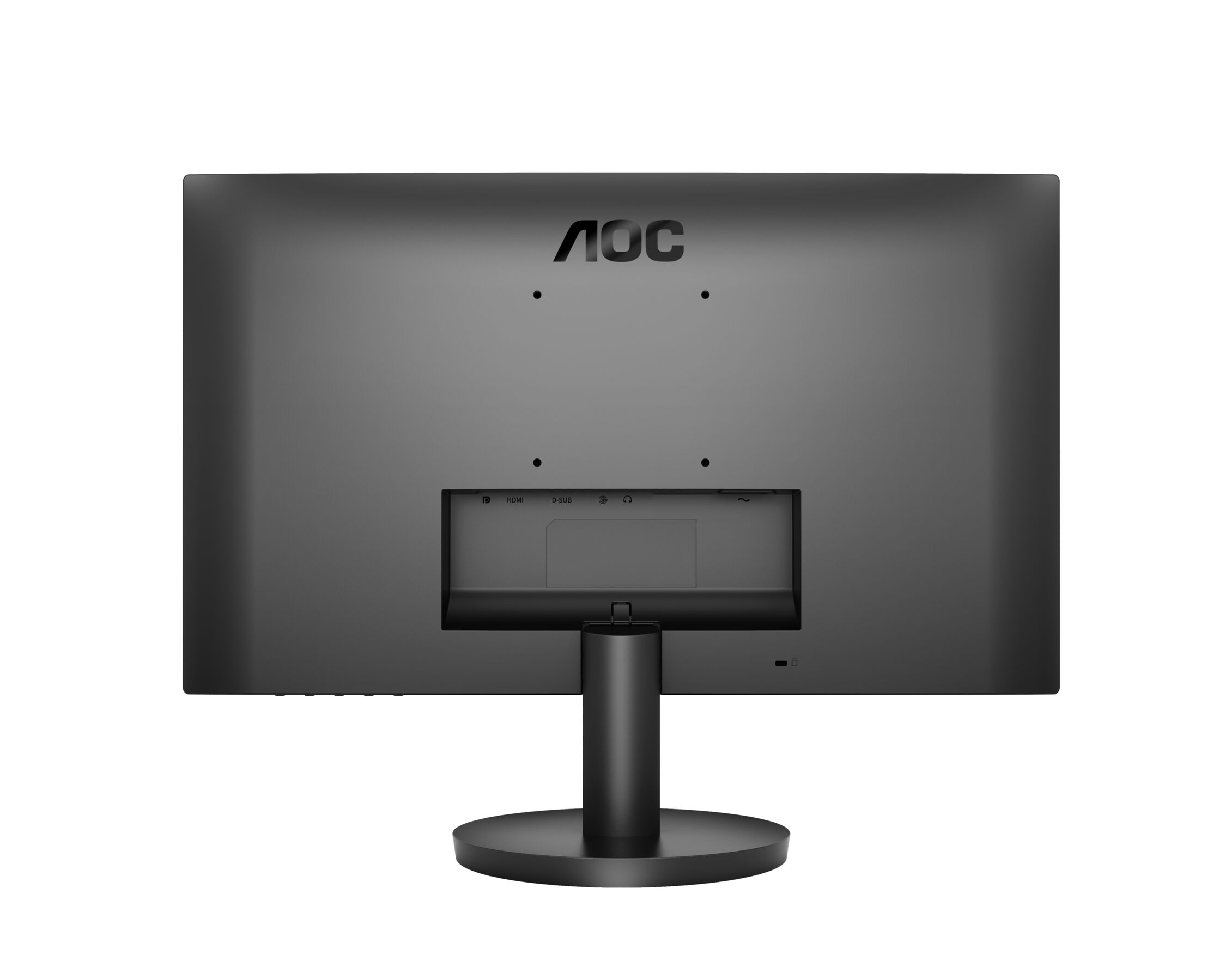 Parte trasera de un monitor AOC negro. Tiene el logotipo de AOC, puertos de conexión y una entrada de alimentación.