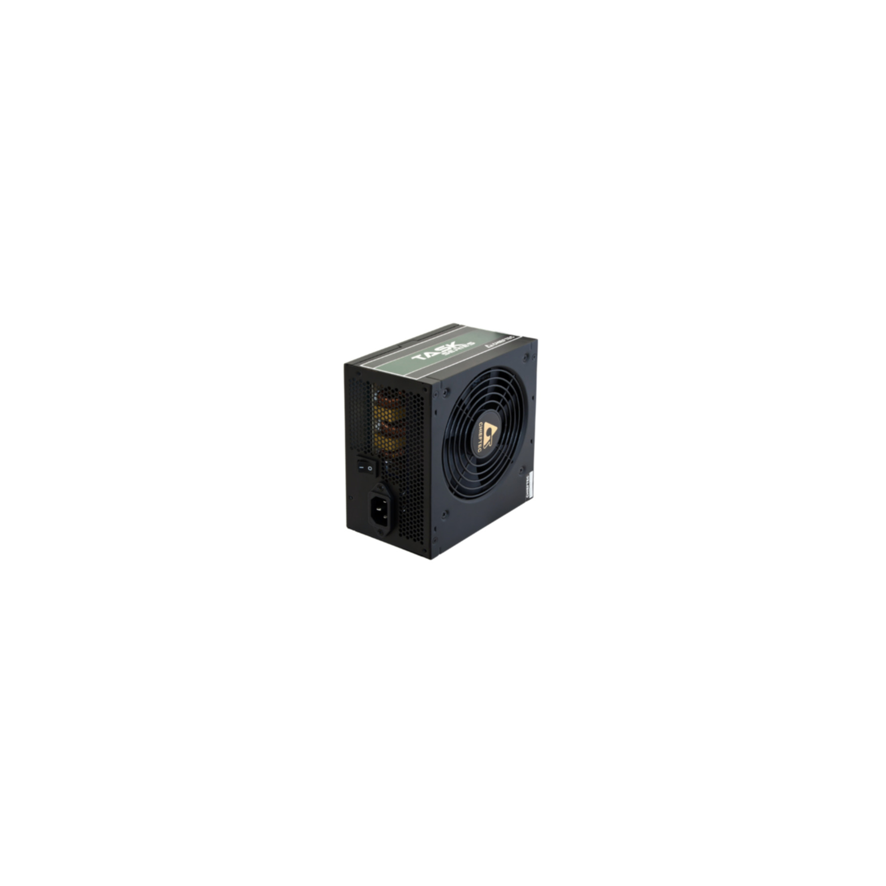 A black power supply unit. The front has a fan. The name of the brand is visible.
