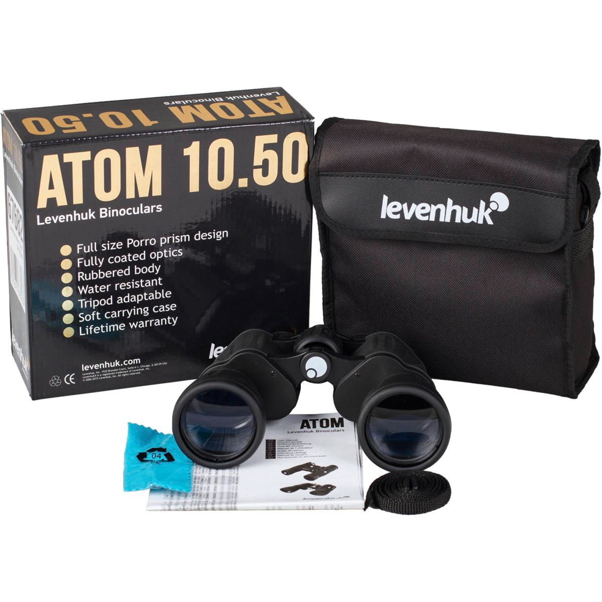 Binocolo, scatola e accessori. La scatola recita 'ATOM 10.50' con specifiche e marchio.
