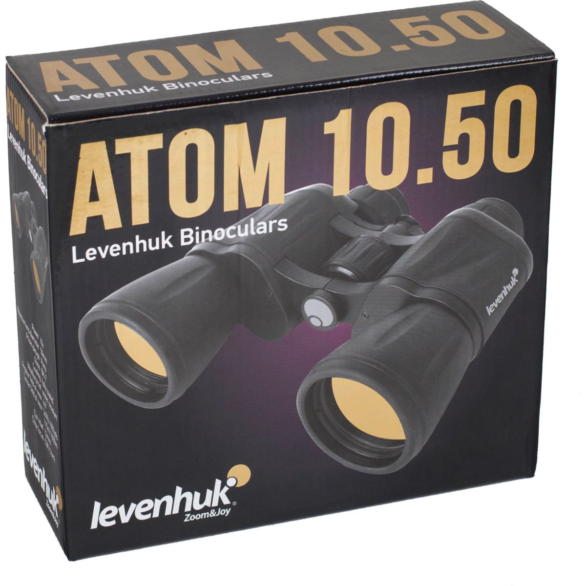 Scatola con binocolo sopra, etichettata "ATOM 10.50", "Levenhuk Binoculars" e "Zoom & Joy" con binocolo all'interno.