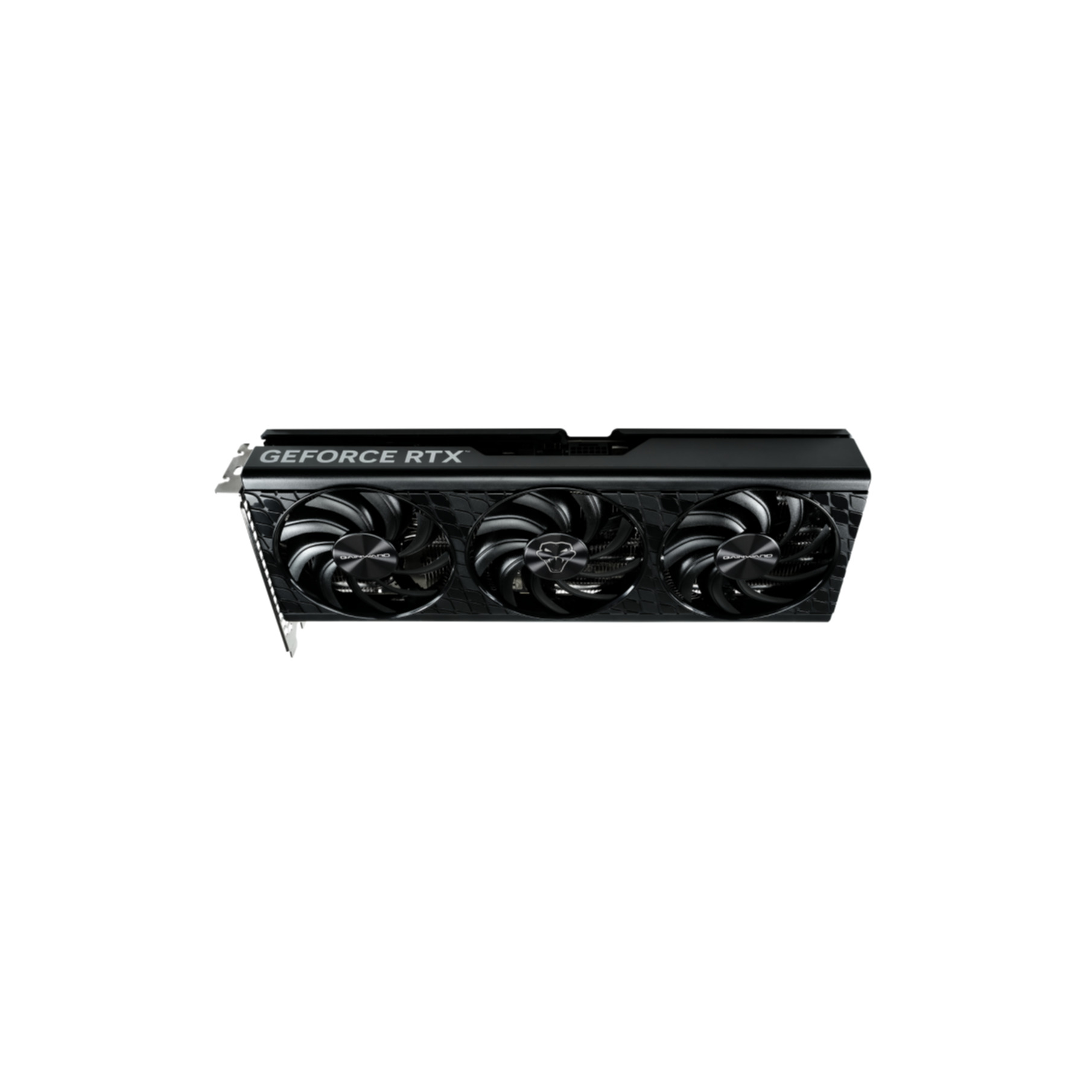 Schwarze Grafikkarte mit drei Lüftern. Der Text 'GEFORCE RTX' ist oben sichtbar.