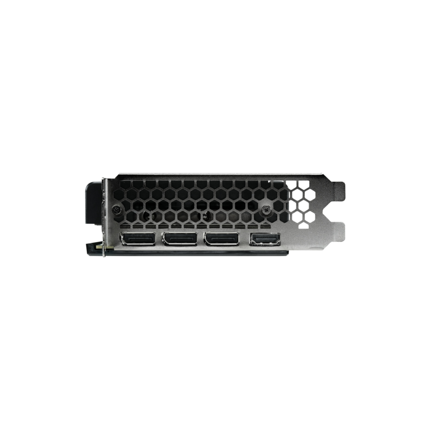 Die Rückseite einer Grafikkarte mit Anschlüssen. Enthält HDMI- und DisplayPort-Anschlüsse.