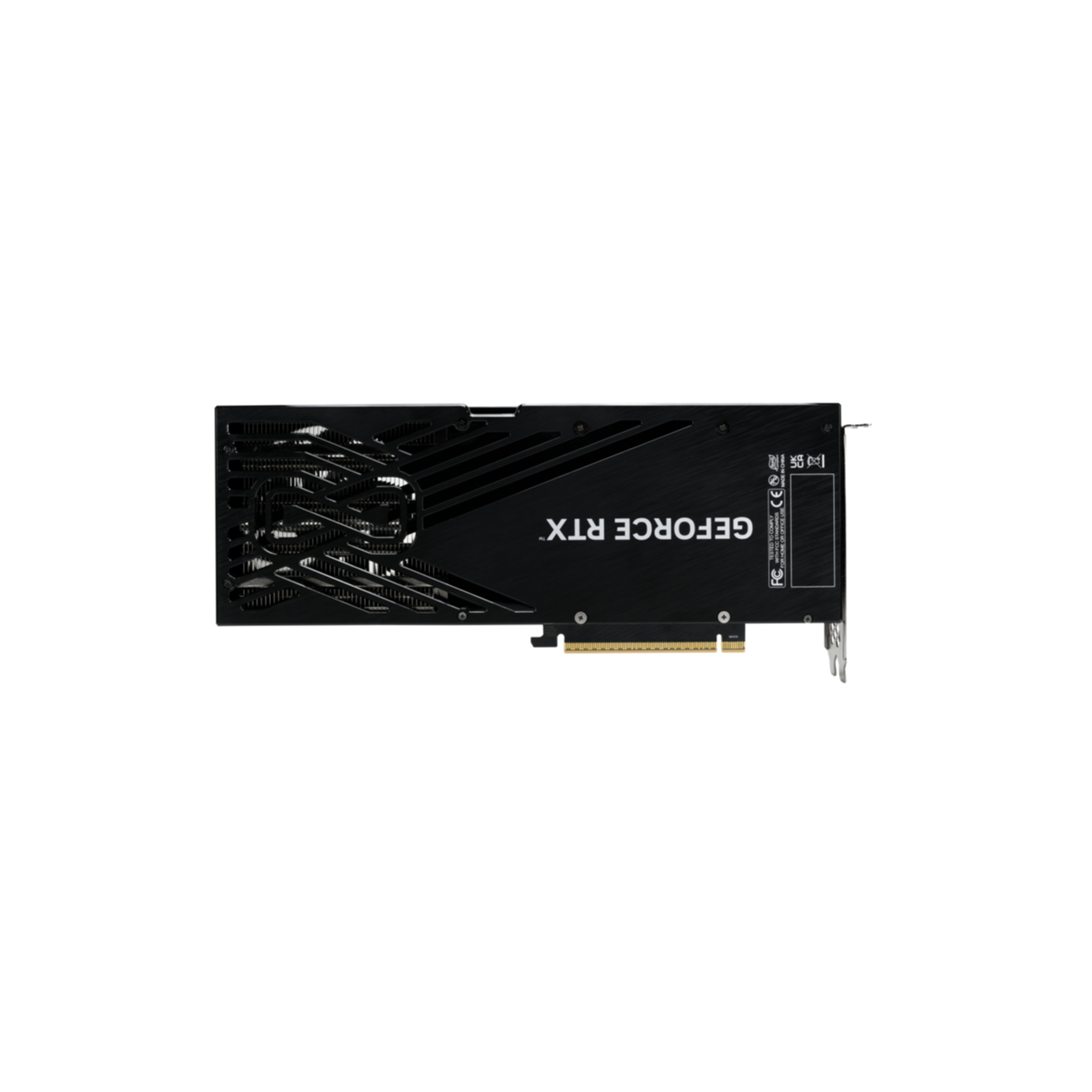 Schwarze Grafikkarte mit dem Text "GEFORCE RTX". Sie hat einen Lüfter und goldene Anschlüsse. Weißer Hintergrund.