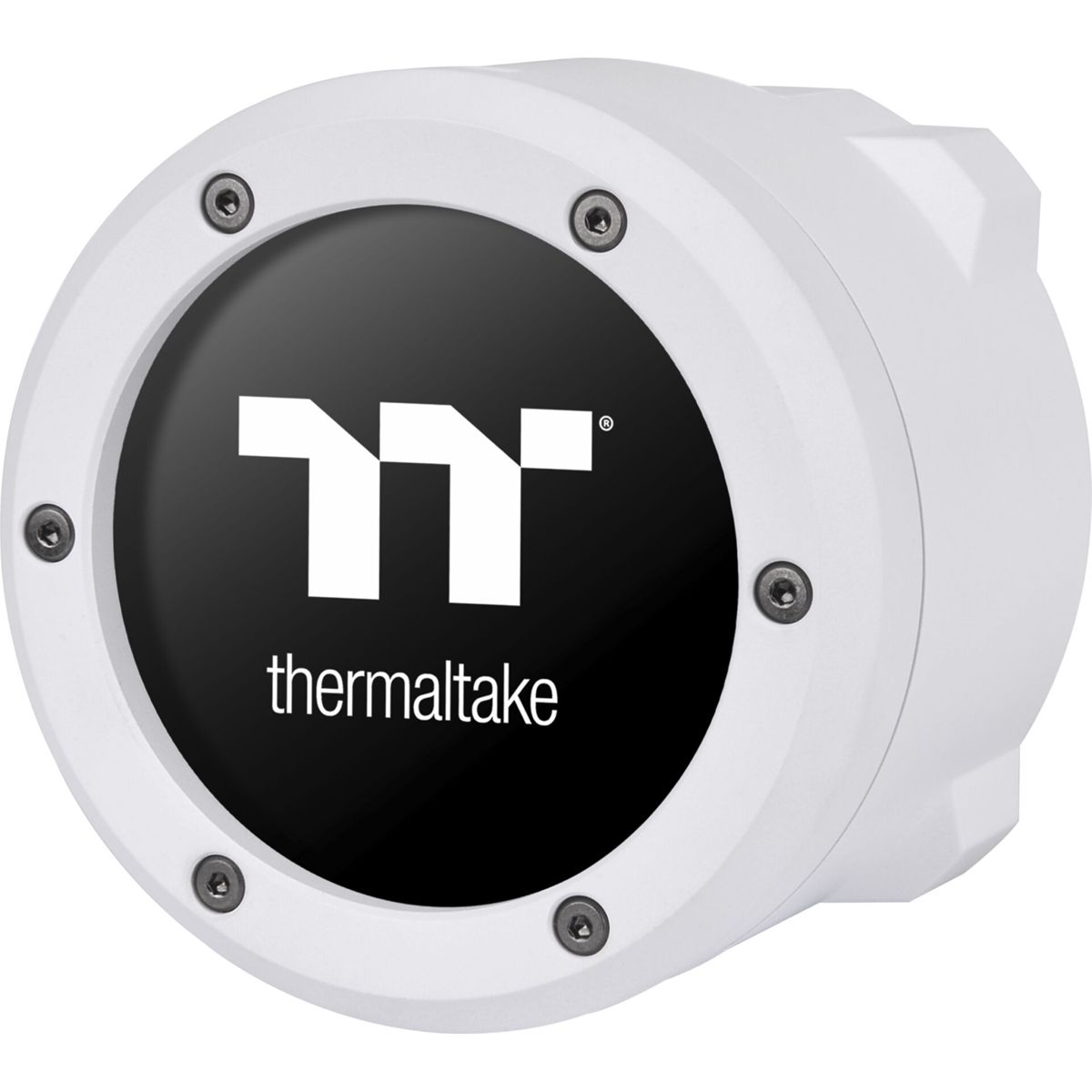 Dispositivo circolare bianco con il logo Thermaltake. Ha viti attorno al bordo.