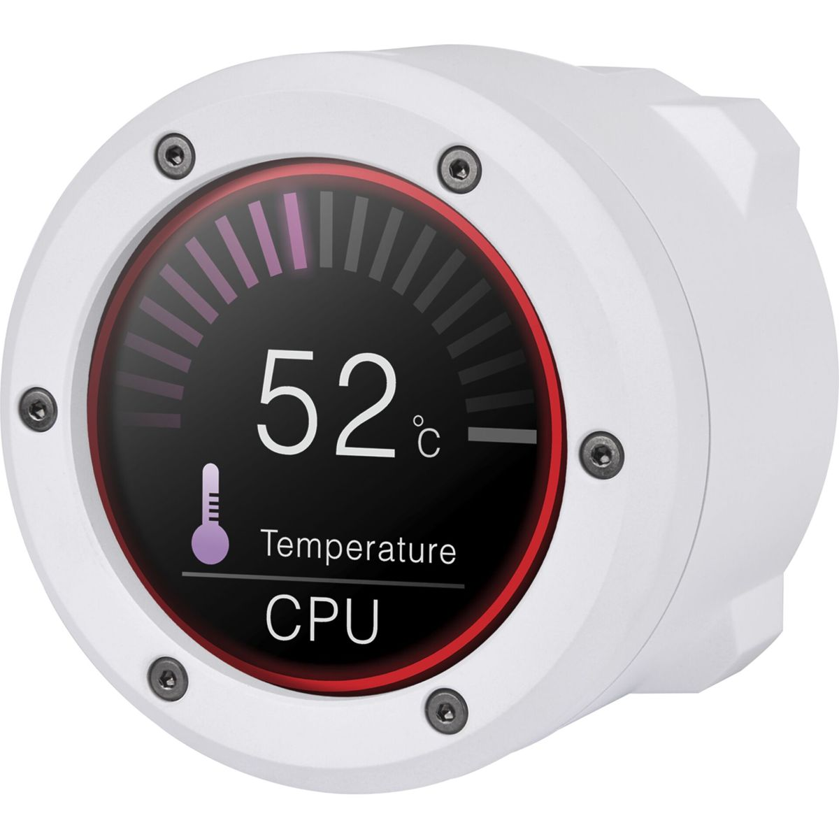 Un monitor di temperatura della CPU circolare bianco con un display digitale che mostra 52°C e la parola 'CPU'.