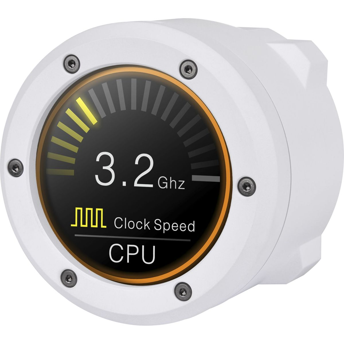 Dispositivo circolare bianco con display digitale, che mostra la velocità di clock della CPU a 3,2 GHz.