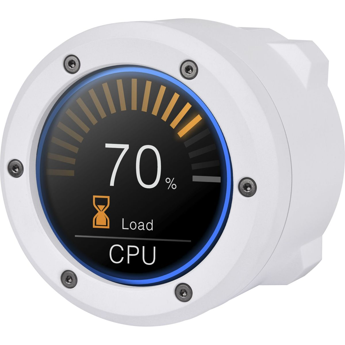 Dispositivo circolare bianco con display digitale che mostra il carico della CPU al 70%.