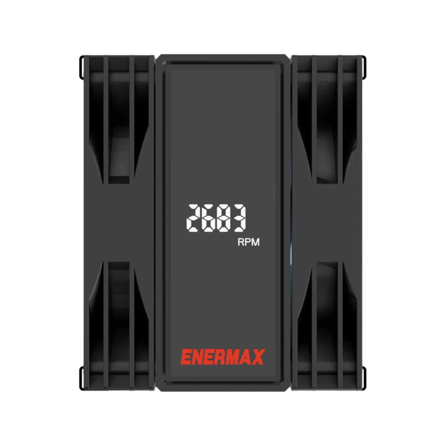 Schwarzer Lüfter mit LCD-Bildschirm, der 2603 U/min und das Enermax-Logo anzeigt.