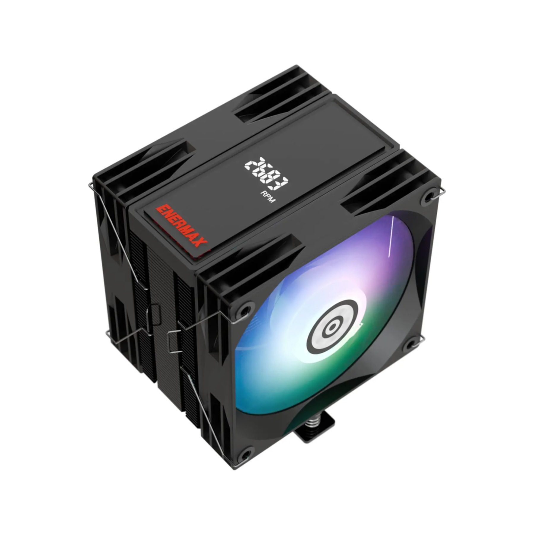 Schwarzer CPU-Kühler mit LED-Lüfter, 2883 U/min. Markenname sichtbar. Weißer Hintergrund.