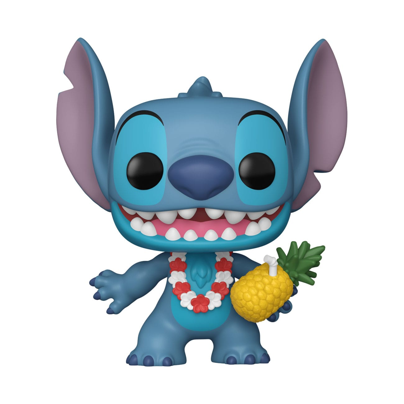 Stitch, niebieski kosmita, trzyma ananasa i nosi lei, uśmiechając się z wystawionym językiem.